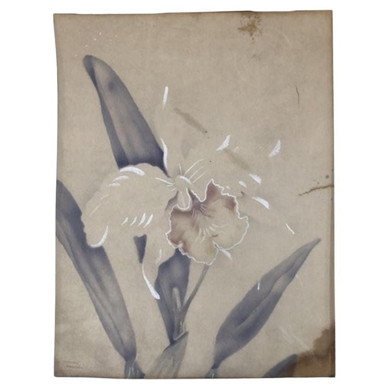 Post War White Orchid Airbrush Painting on Paper by Tip Freeman, Framed (1 of 4)