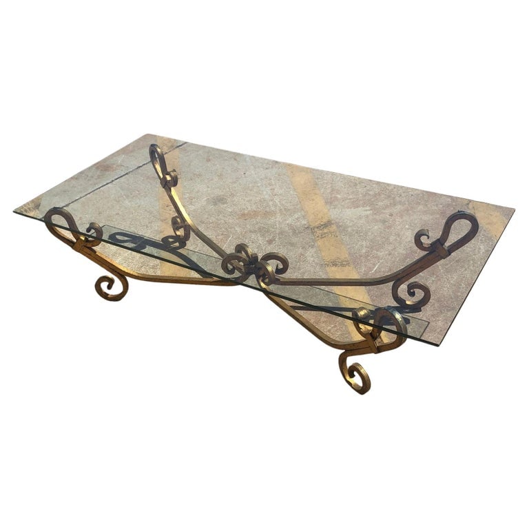 Gold-tone Gilded Wrought Iron Hollywood Regency Cocktail Table w/ Glass Top (1 of 6)