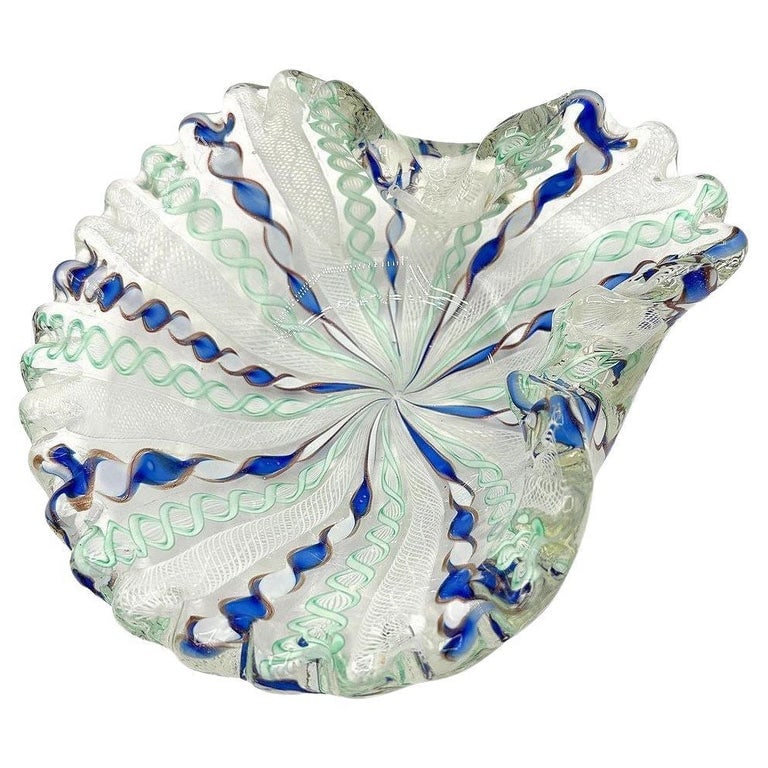 MCM Zanfircio Murano Art Glass Shell Dish Green Latticino Ribbons by Salviati (1 of 7)