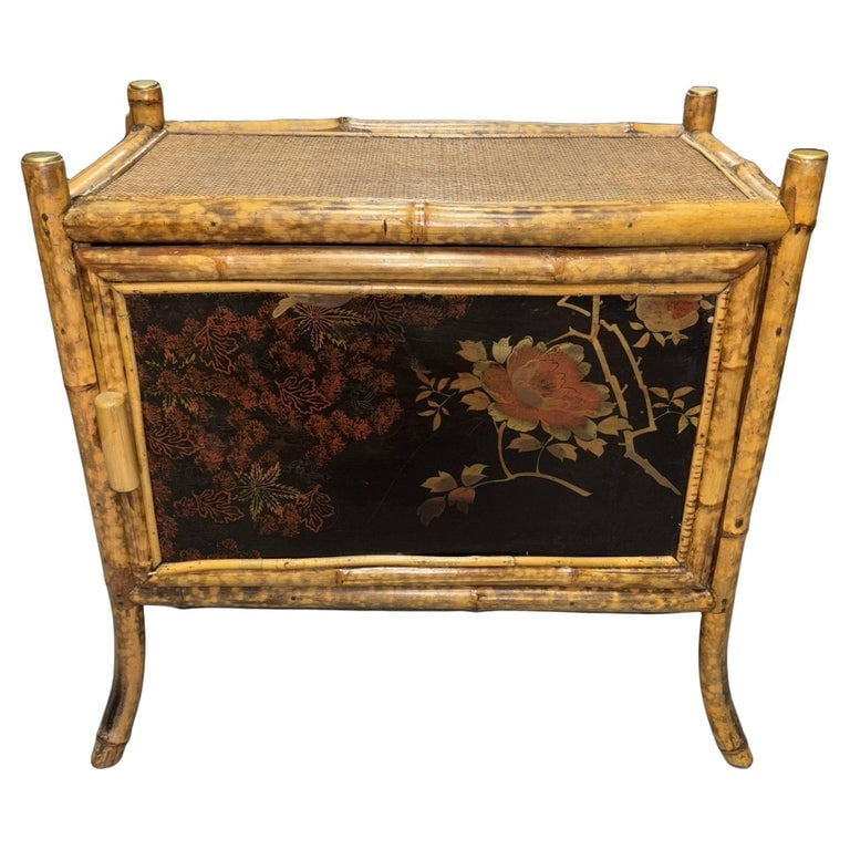 Victorian Chinoiserie Tiger Bamboo Nightstand with Hand-Painted Lacquer Front (1 of 11)