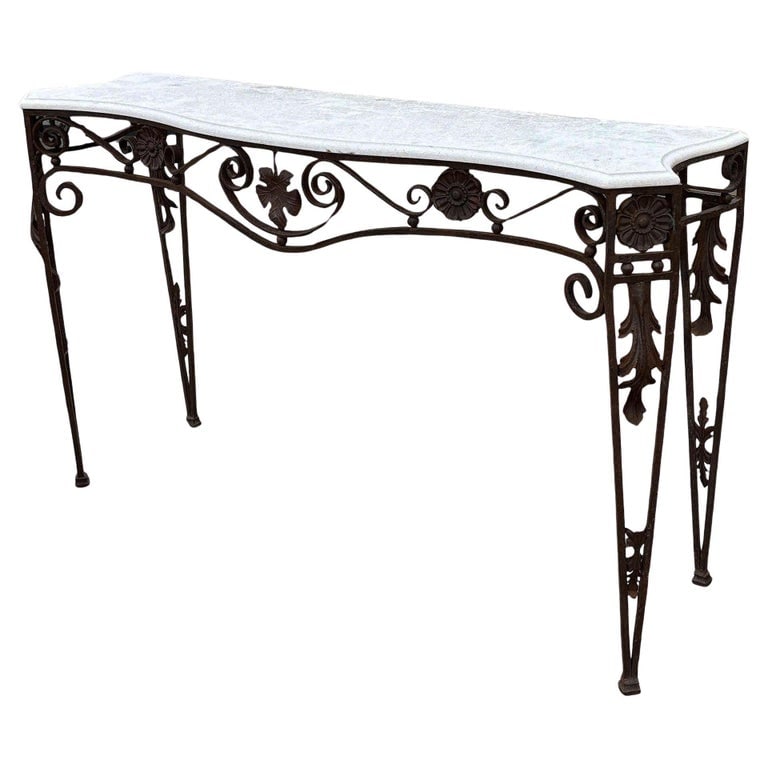 20th Century Neo-Gothic Bronze Colored Cast Iron Console w/ Carrara Marble Top (1 of 9)