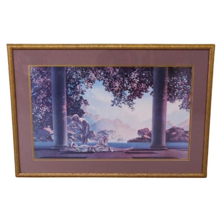 Modern Maxfield Parrish Framed Print "Daybreak": Modern "Daybreak" artwork printed under glass, features a serene scene with a reclining woman and a standing girl set against rolling hills, a tranquil body of water, and classical architectural