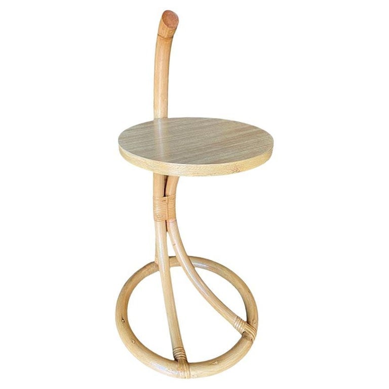 Restored Rare Portable Rattan Side Table Drink Shelf Stand w/ Handle 2 Available: This beautifully restored Mid-Century era rattan side table drink stand features a bent structure suspending two floating mahogany table tops. it blends style and vintage charm with modern comfort and