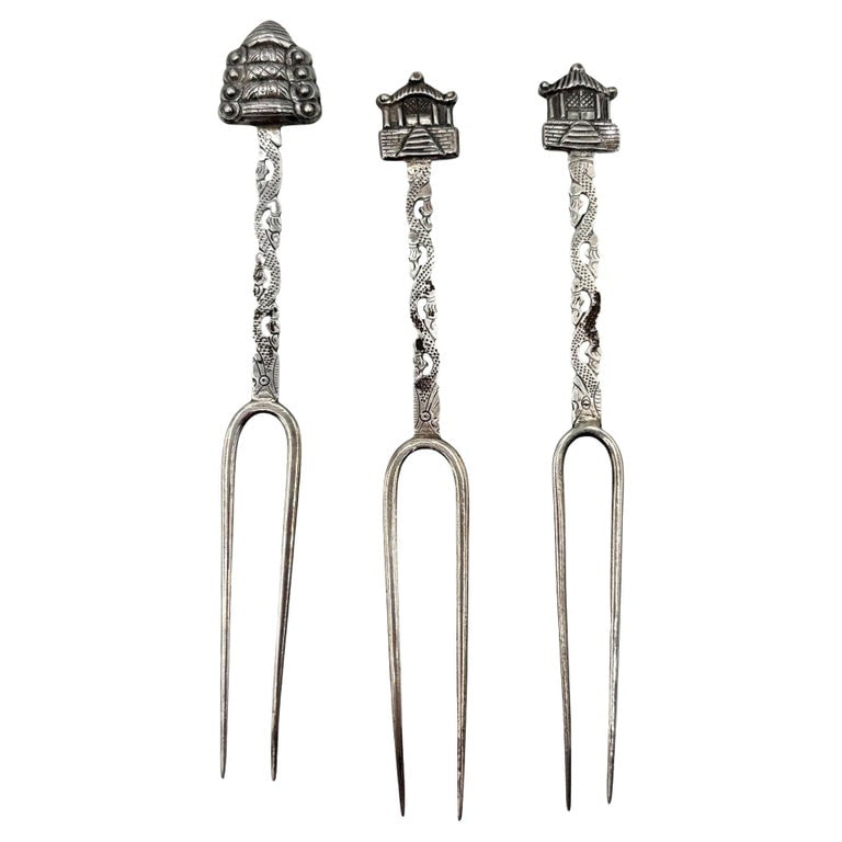Victorian 1890 Chinese Export Silver Pickle Cocktail Fork, Set of 3: For your consideration, we have this beautiful Chinese export silver pickle fork, made by Kwong Man Shing of Hong Kong. The fork features an Asian-style building handle with voided characters to the t