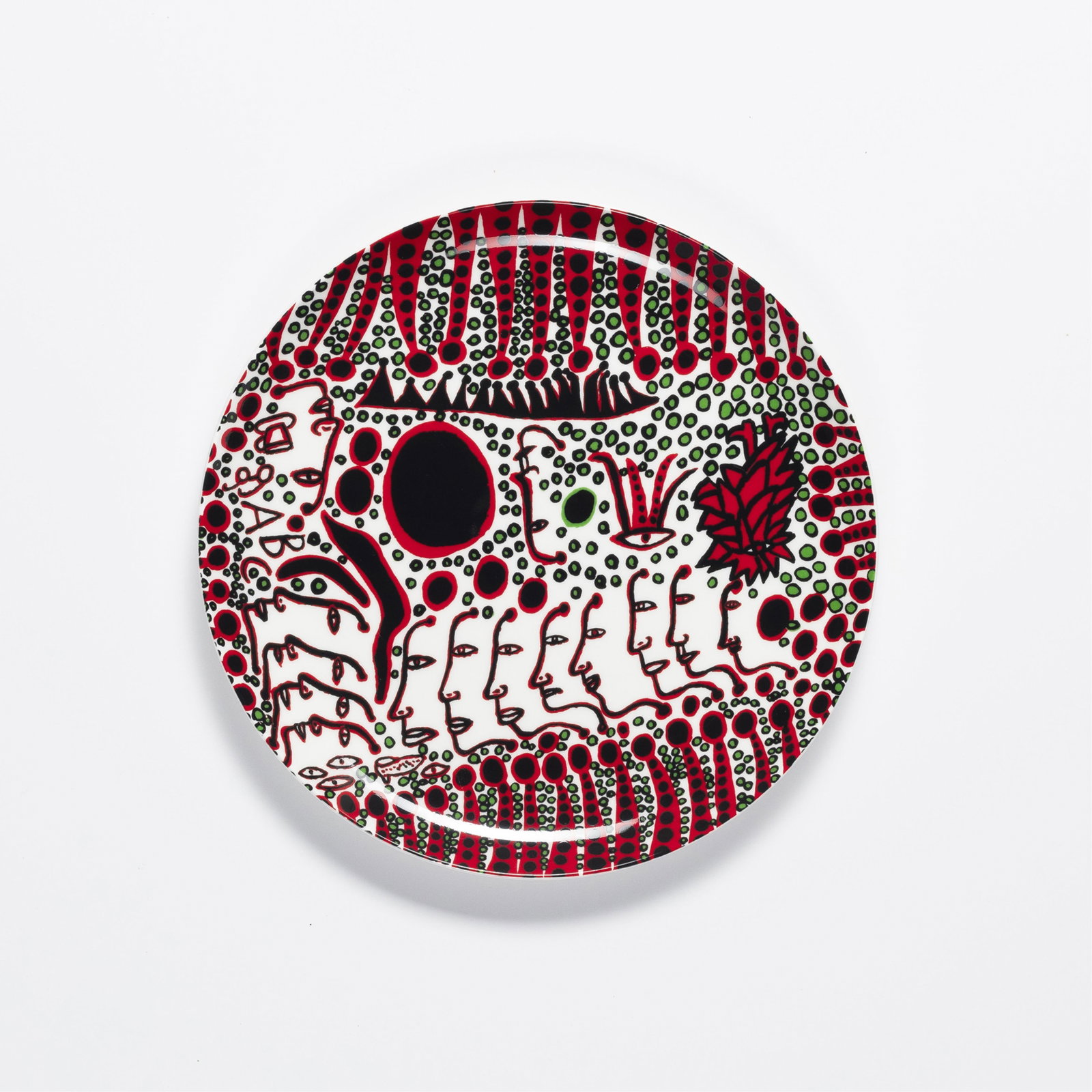 Yayoi Kusama, b. 1929, Women Wait for Love, but Men Always Walk Away (Plate): Yayoi Kusama b. 1929 Women Wait for Love, but Men Always Walk Away (Plate) 2012 ceramic 10 inches (diameter) original packaging included. Based on the 2009 painting "Women Wait for Love, but Men