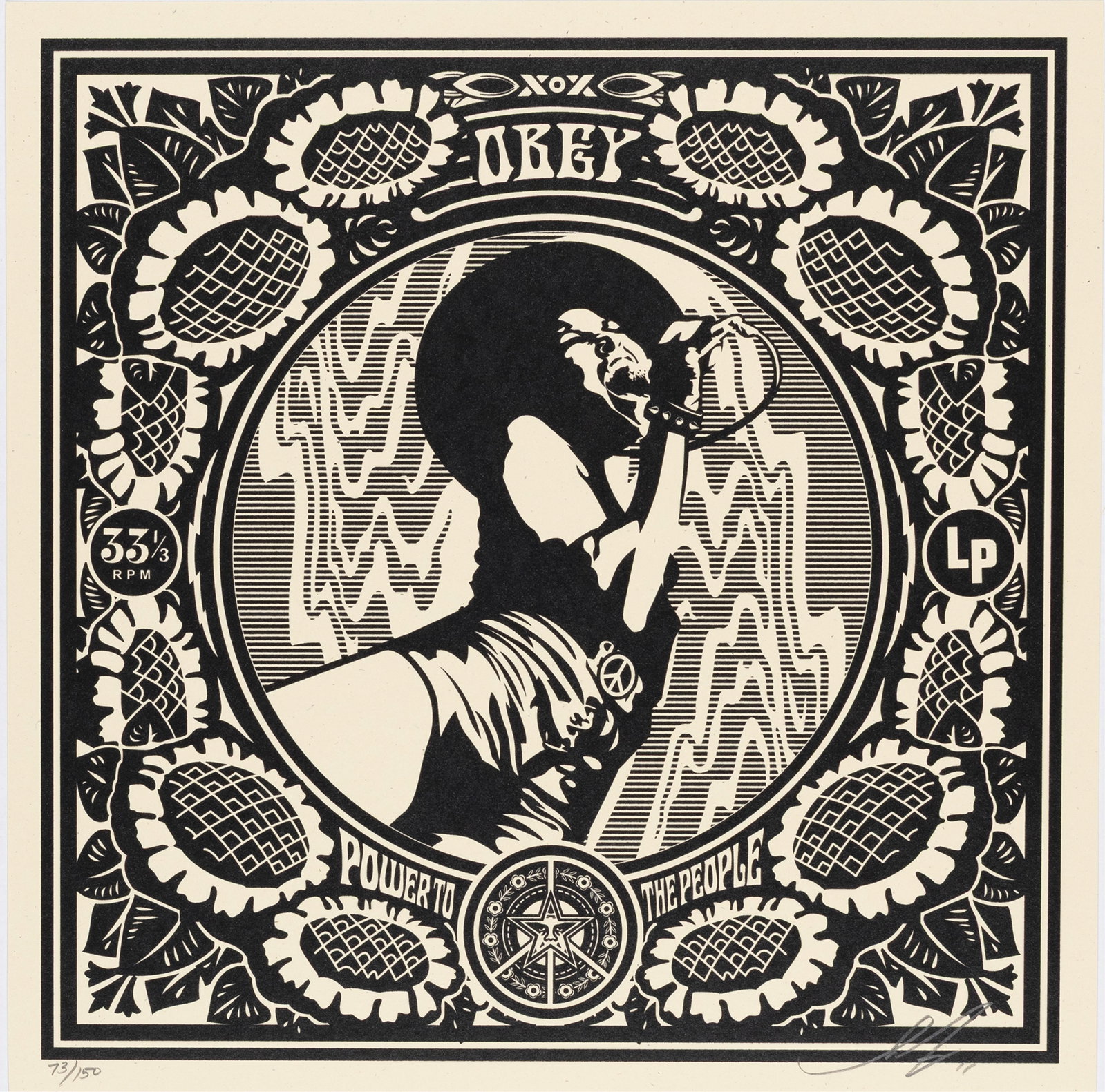 Shepard Fairey, b. 1970, Black Flower Power: Shepard Fairey b. 1970 Black Flower Power 2011 screen print from the limited edition Dance Floor Riot Box Set 12 x 12 inches signed, dated and numbered 73/150 From Shepard Fairey: "I may not