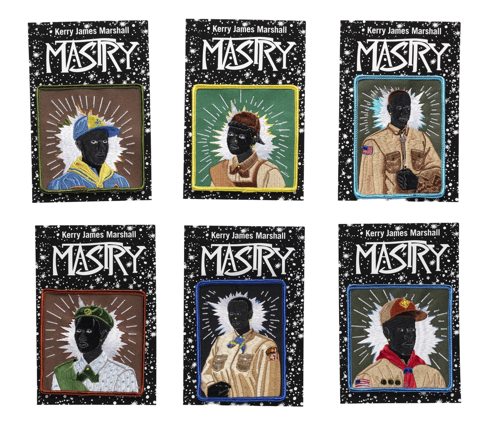 Kerry James Marshall, b. 1955, Scout Series Embroidered Patches (six works): Kerry James Marshall b. 1955 Scout Series Embroidered Patches (six works) 2017 Rayon thread on poly twill backing 4 x 3 inches (patch) These works are from the open edition produced for the exhibition
