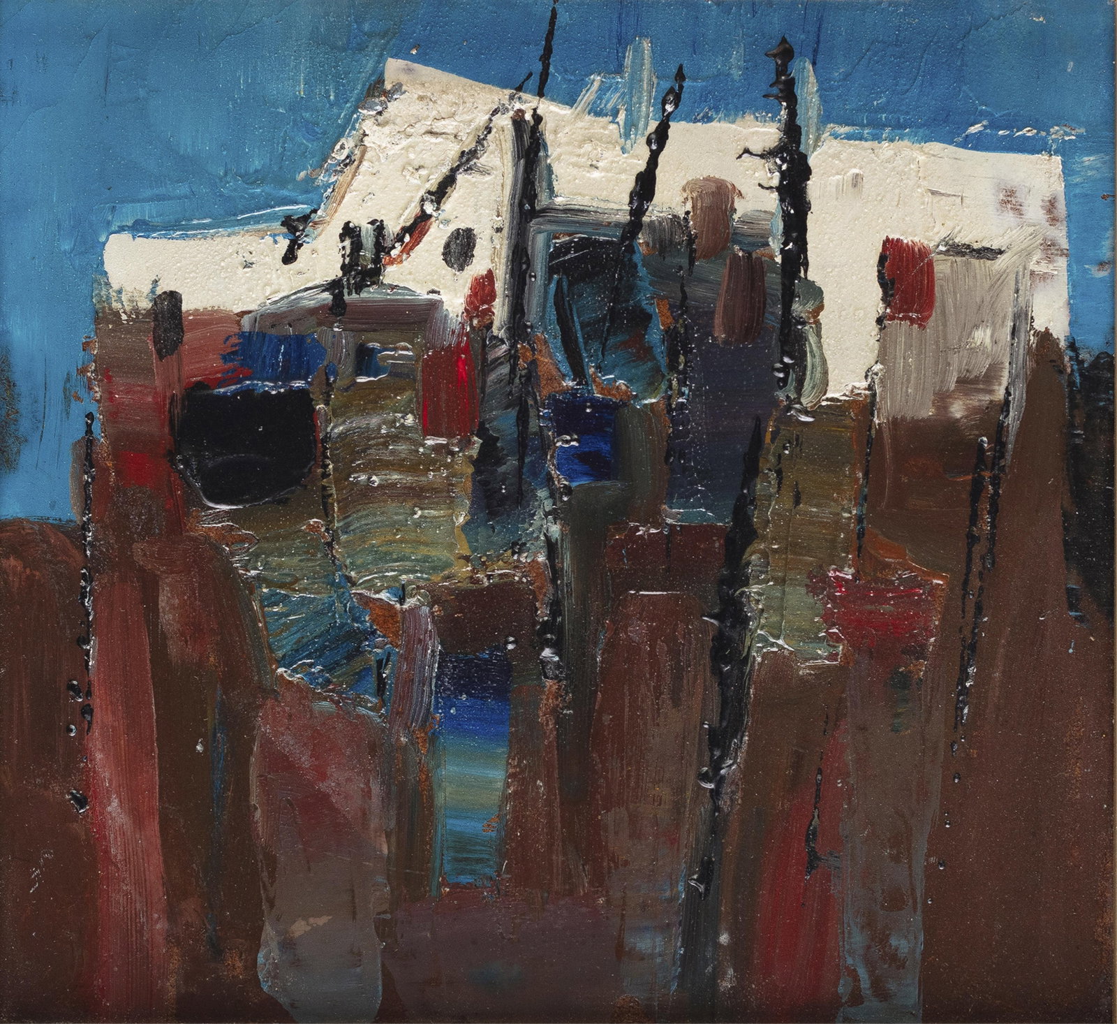 Peter Oliver, British 14635 1927-2006, Men and Houses: Peter Oliver British 14635, 1927-2006 Men and Houses 1990s oil on board 9-1/2 x 10 inches label verso from Anthony Hepworth Fine Art, New York identifying artist