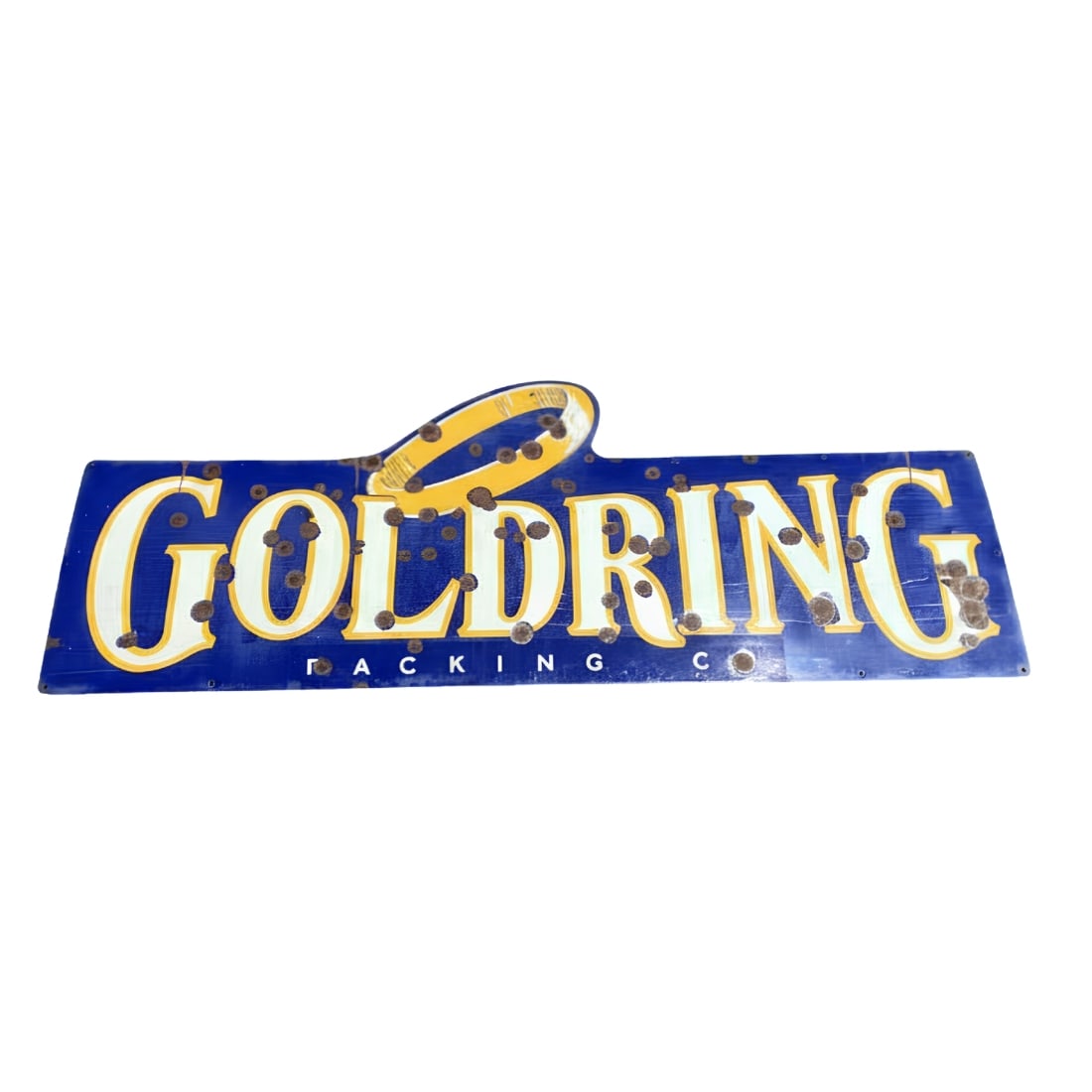 1940's Single Sided Porcelain Truck Sign “Goldring Packing Co" Los Angeles CA: SSP Goldring Packing Co Truck Sign from Los Angeles CA. Porcelain has multiple areas of fading and scuffing. This is not a standard shippable item and will require pickup, 3rd party shipping, or in-ho