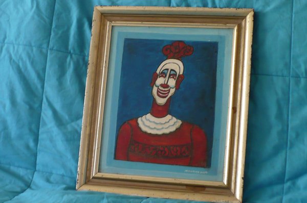 Maurice Kish signed WPA oil painting listed: signed bottom right titled "Strange Clown" 15X13 inches framed. This has surface grime and a slight indent and would benefit from a cleaning. This is from a series of carnival figures, circus clowns a