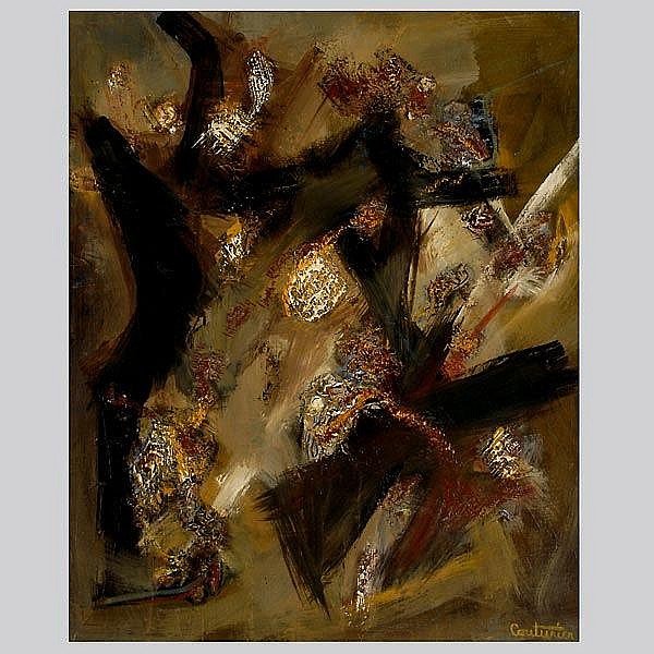 Couturier signed abstract oil painting French: 25.5 X 21.5 inches framed. signed oil on canvas. this is attributed to Robert Couturier based on age and style. but we are not certain. French, b.1905 Couturier was a very prominent sculptor; he was i