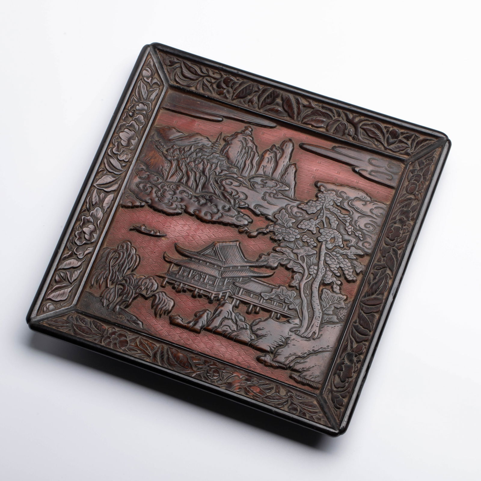 Qing Dynasty Carved Square Tray with Landscape and Pavilion Motifs (1 of 9)