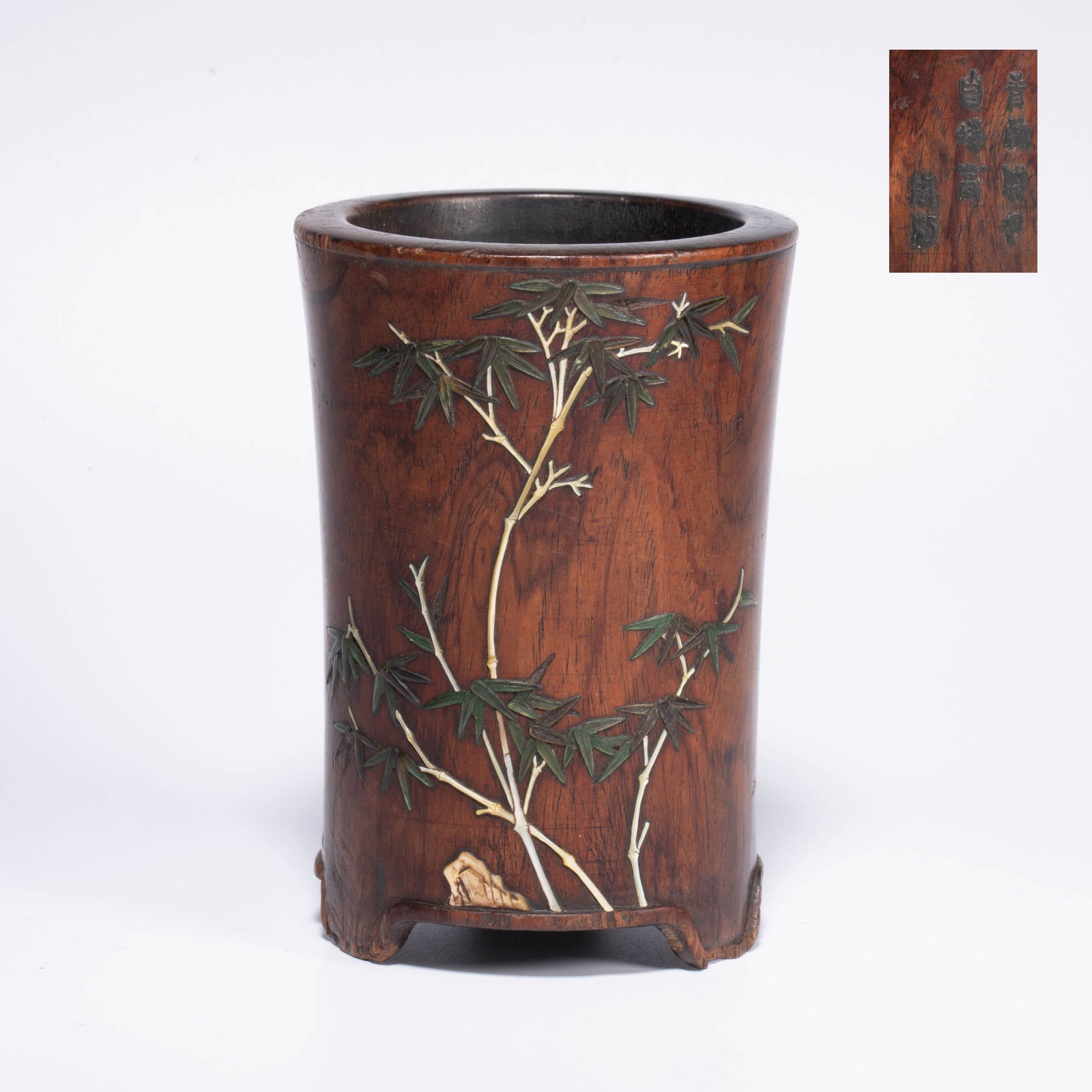 Zhou Zhu, Huanghuali Brush Holder Inlaid with Precious Stones, Ming Dynasty: Zhou Zhu, Huanghuali Brush Holder Inlaid with Precious Stones, Ming DynastyZhou Zhu (Ming Dynasty) excelled in inlaying precious materials—gold, silver, gemstones, jade, crystal, and more—onto obj