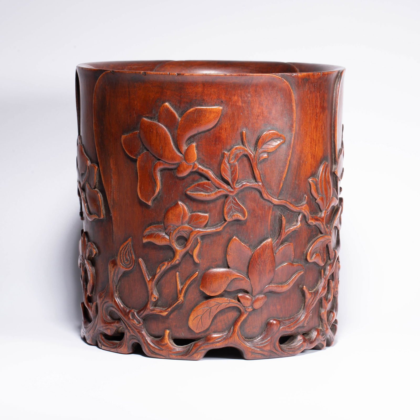 Huanghuali Brush Holder with High-Relief Magnolia Carving, Qing Dynasty: Huanghuali Brush Holder with High-Relief Magnolia Carving, Qing Dynasty