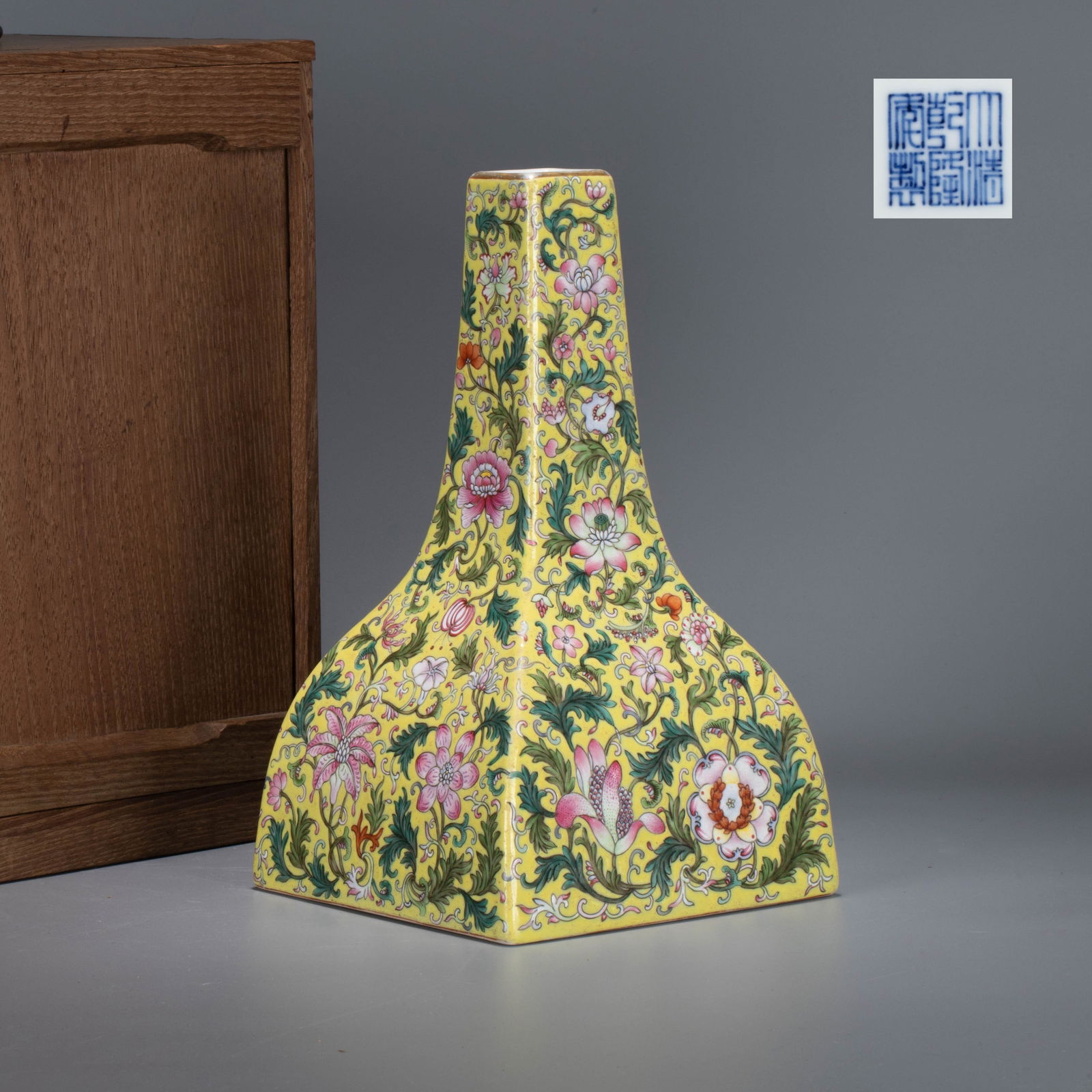 Qianlong Reign, Qing Dynasty Inscribed Famille-rose Square-corner Vase: Qianlong Reign, Qing Dynasty Inscribed Famille-rose Square-corner Vase
