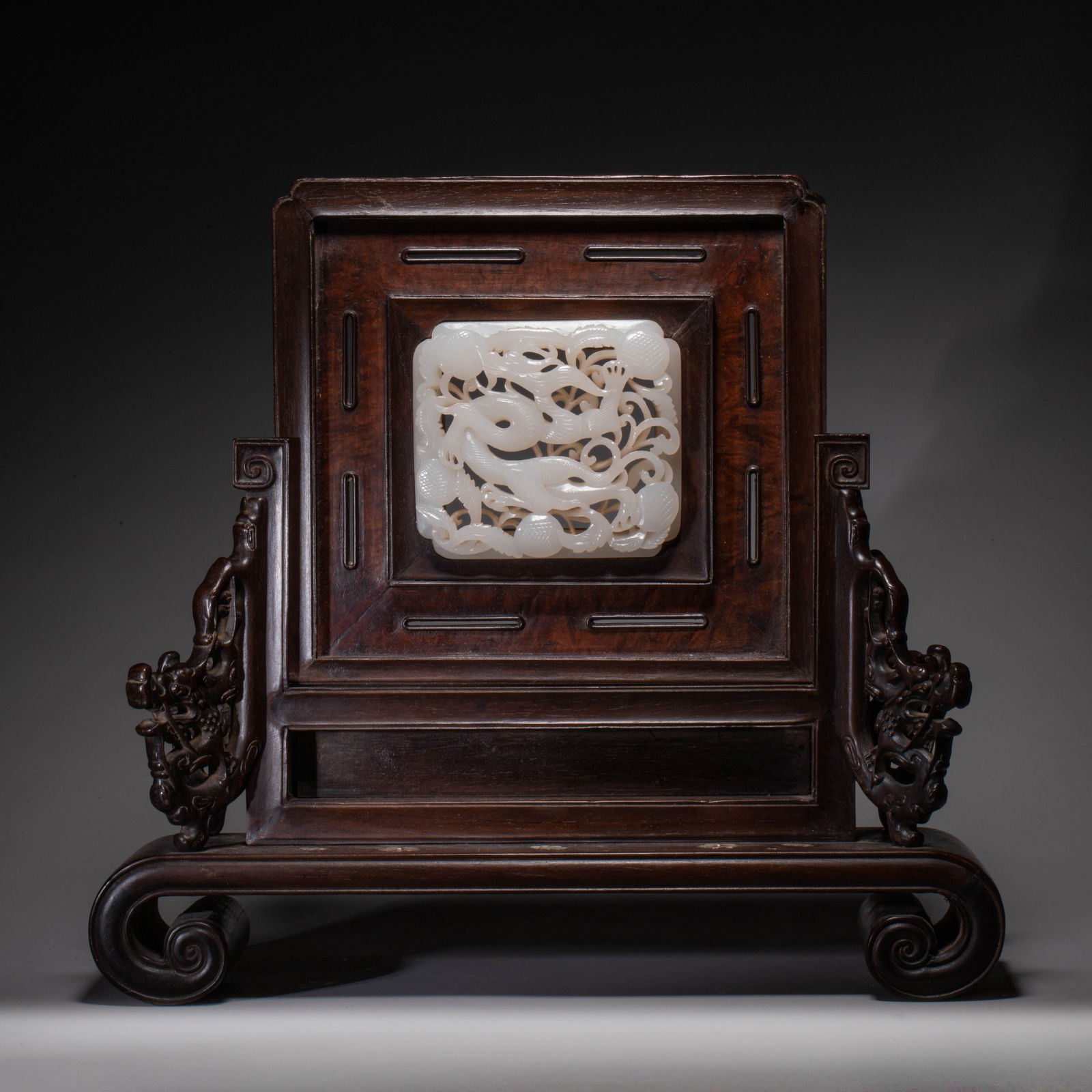 Qing Dynasty (Qianlong Period) Inlaid Hetian White Jade Openwork Dragon Pattern Table Screen (1 of 8)