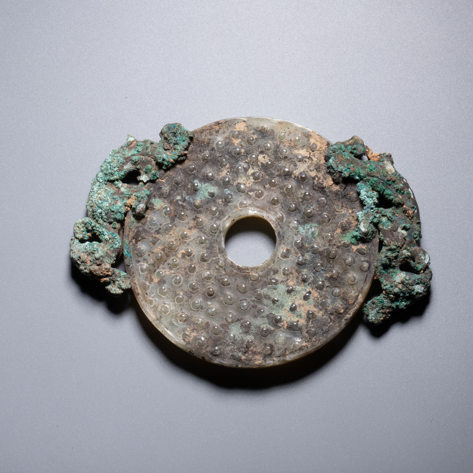 Bronze-Inlaid Jade Bi with Double-Dragon Handles: Bronze-Inlaid Jade Bi with Double-Dragon Handles