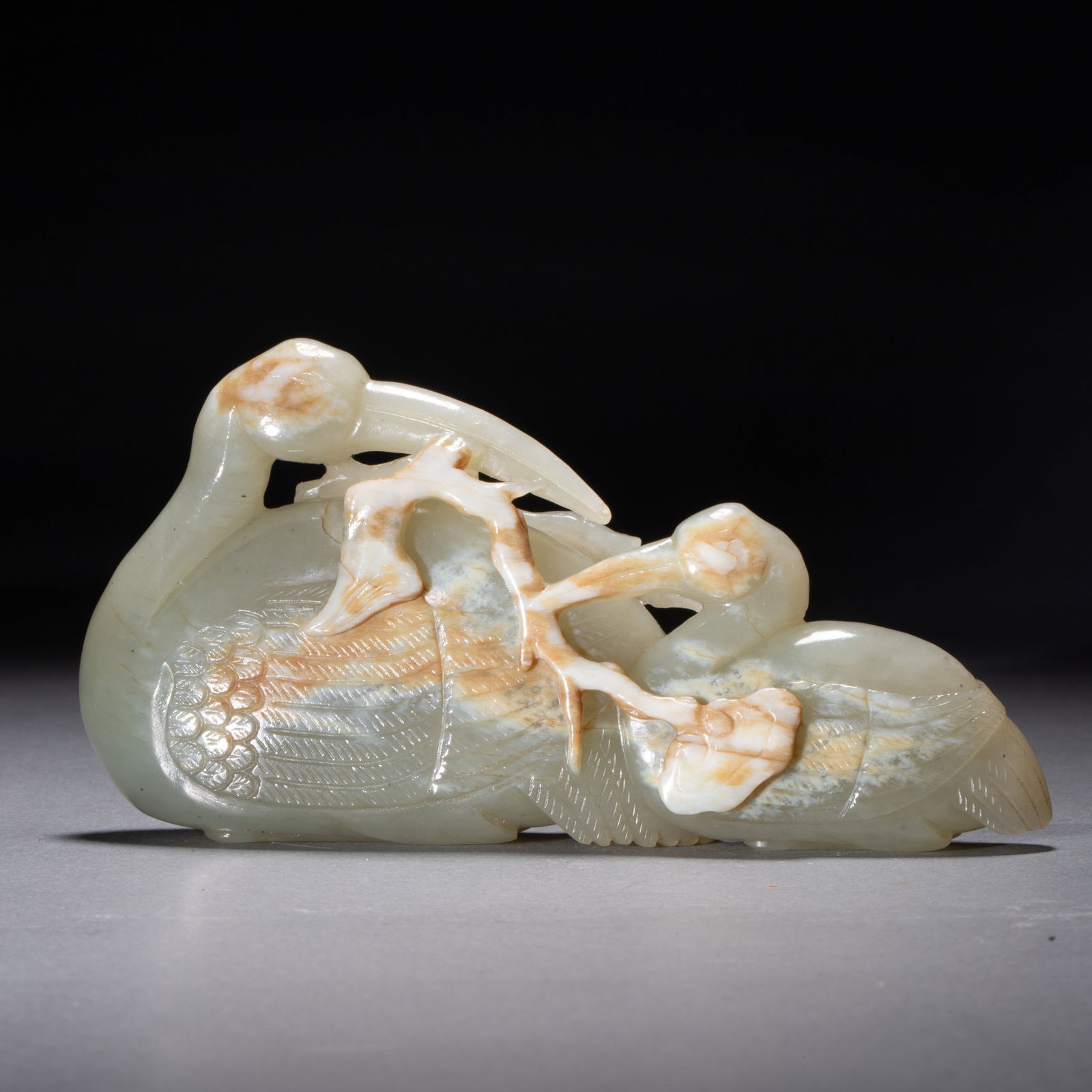Greenish-White Jade Carving of Twin Egrets: Greenish-White Jade Carving of Twin Egrets