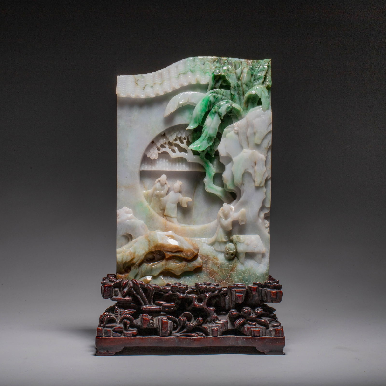 Jadeite Carved Figurative Narrative Jade Ornament: Jadeite Carved Figurative Narrative Jade Ornament