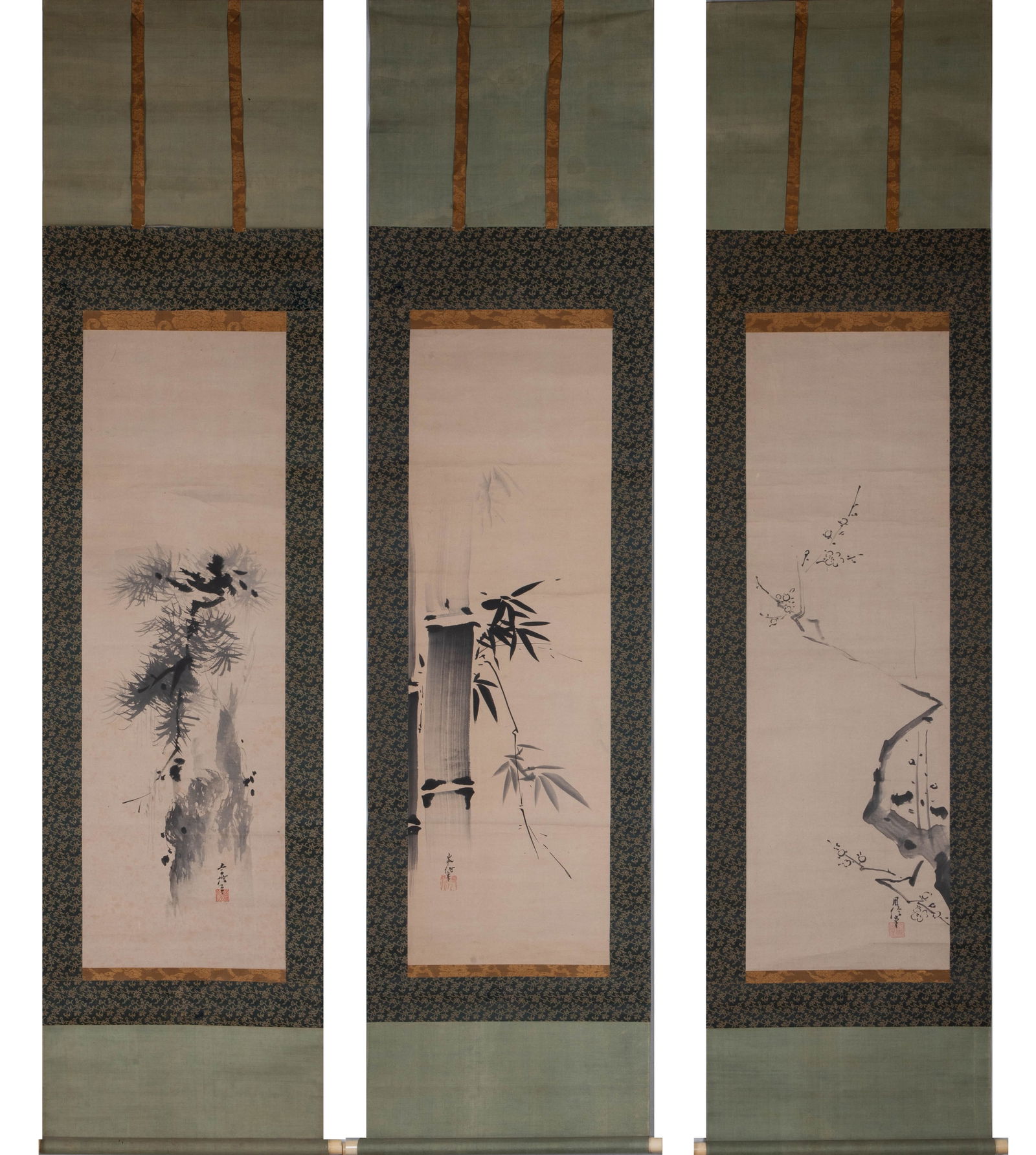 Edo period, Kano Tsunanobu, Shuxin, Cenxin, Shochuumei, Sanjobei: Edo Period, Kano Tsunenobu, Kano Shushin, Kano Shinshin, "Pine, Bamboo, and Plum Blossoms" (Three-Panel Screen)