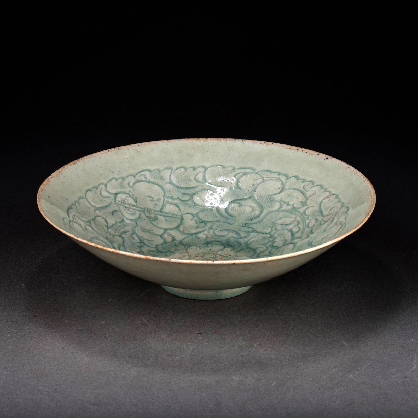 Song Dynasty, Greenish-White Porcelain Bowl with Child Pattern: Song Dynasty, Greenish-White Porcelain Bowl with Child Pattern