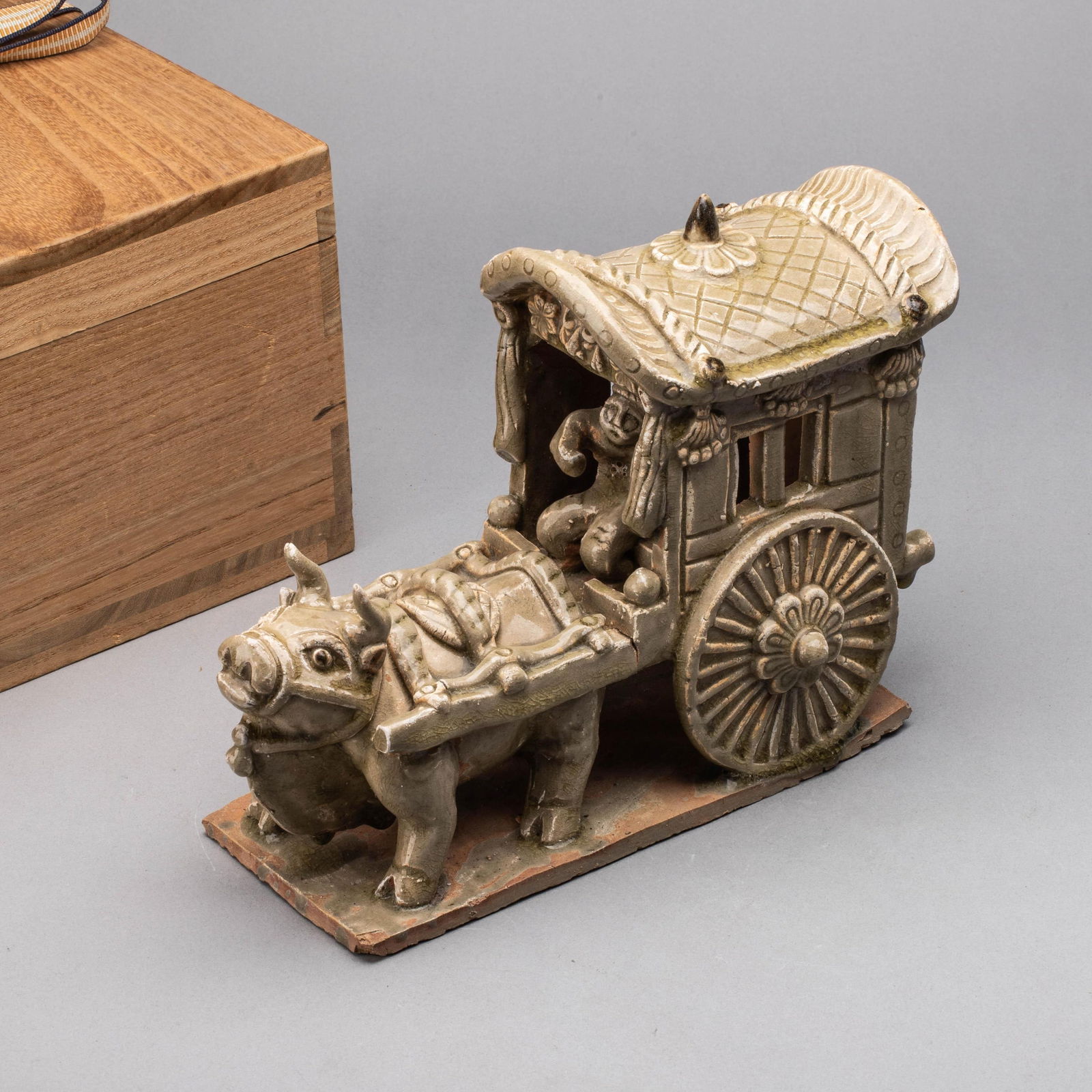 Sui Dynasty Celadon Ox Cart with Foreign Figure Figurine: Sui Dynasty Celadon Ox Cart with Foreign Figure Figurine