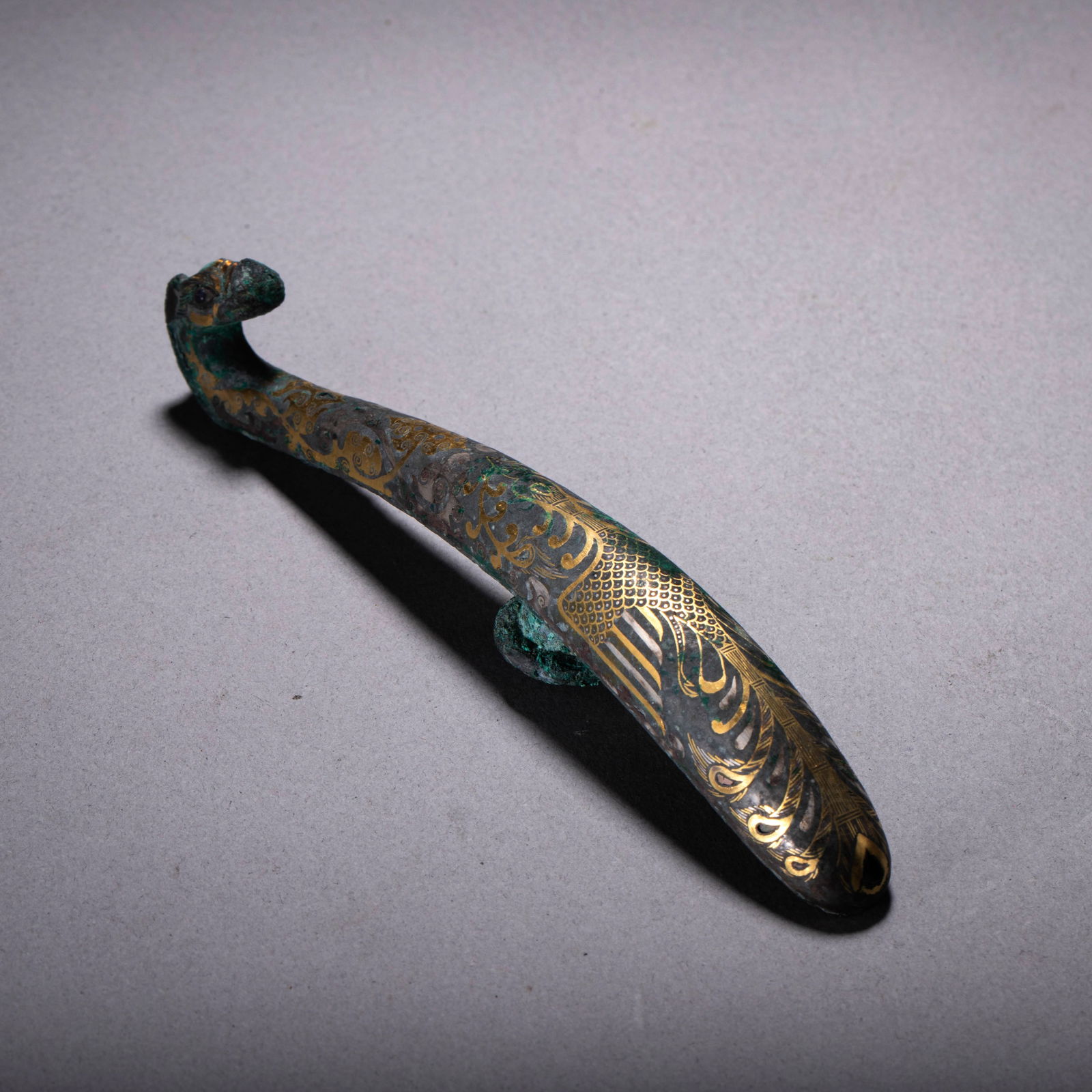 Han Dynasty Bronze Belt Hook Inlaid with Gold and Silver Phoenix Bird Patterns (1 of 6)