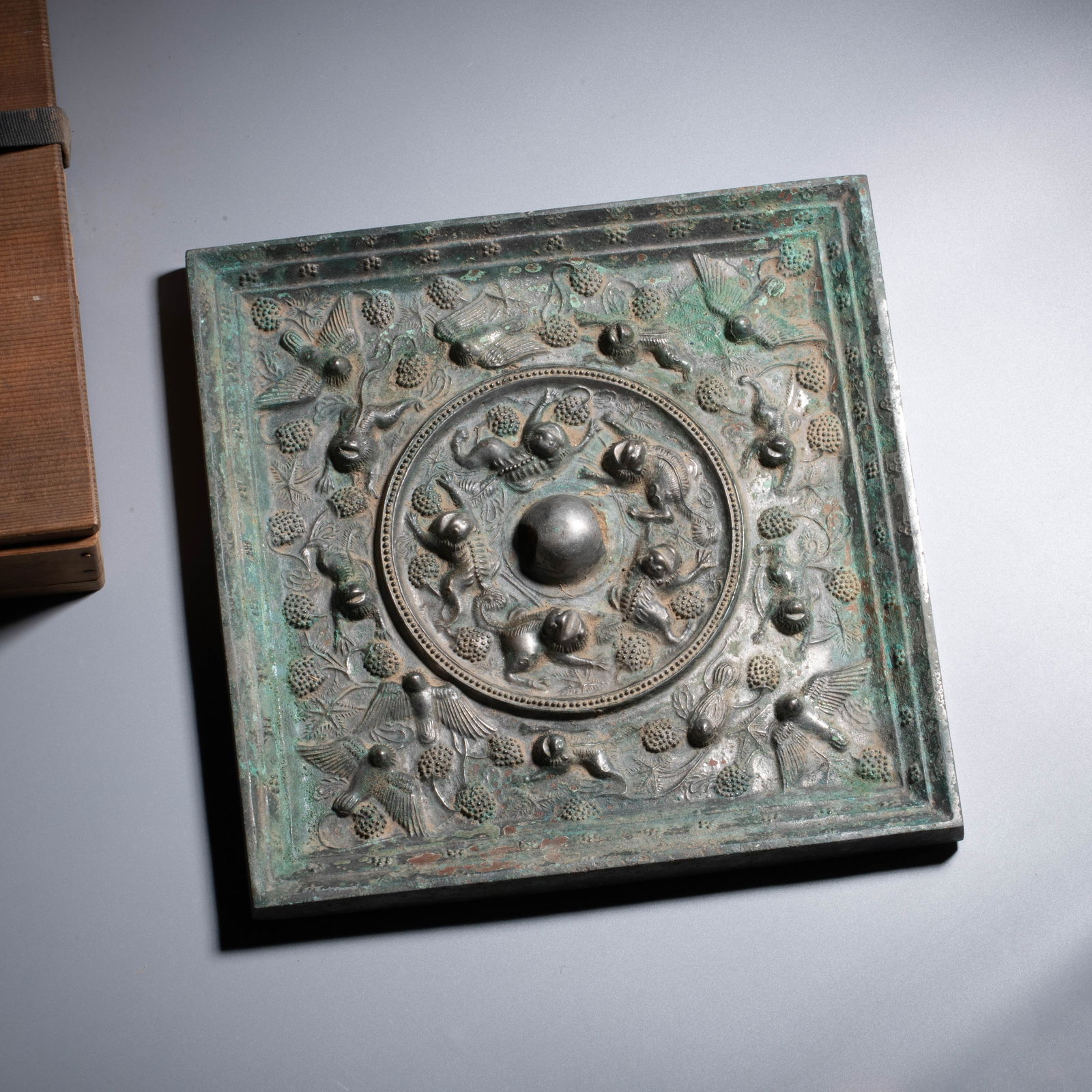 Tang Dynasty Bronze Square Mirror with Sea Beast and Grape Pattern (1 of 10)