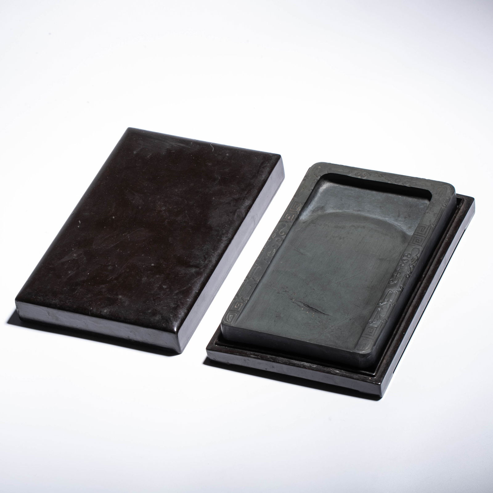 Qing Dynasty Shezhou eyebrow pattern Venus golden halo long wooden inkstone: Qing Dynasty Shezhou eyebrow pattern Venus golden halo long wooden inkstone