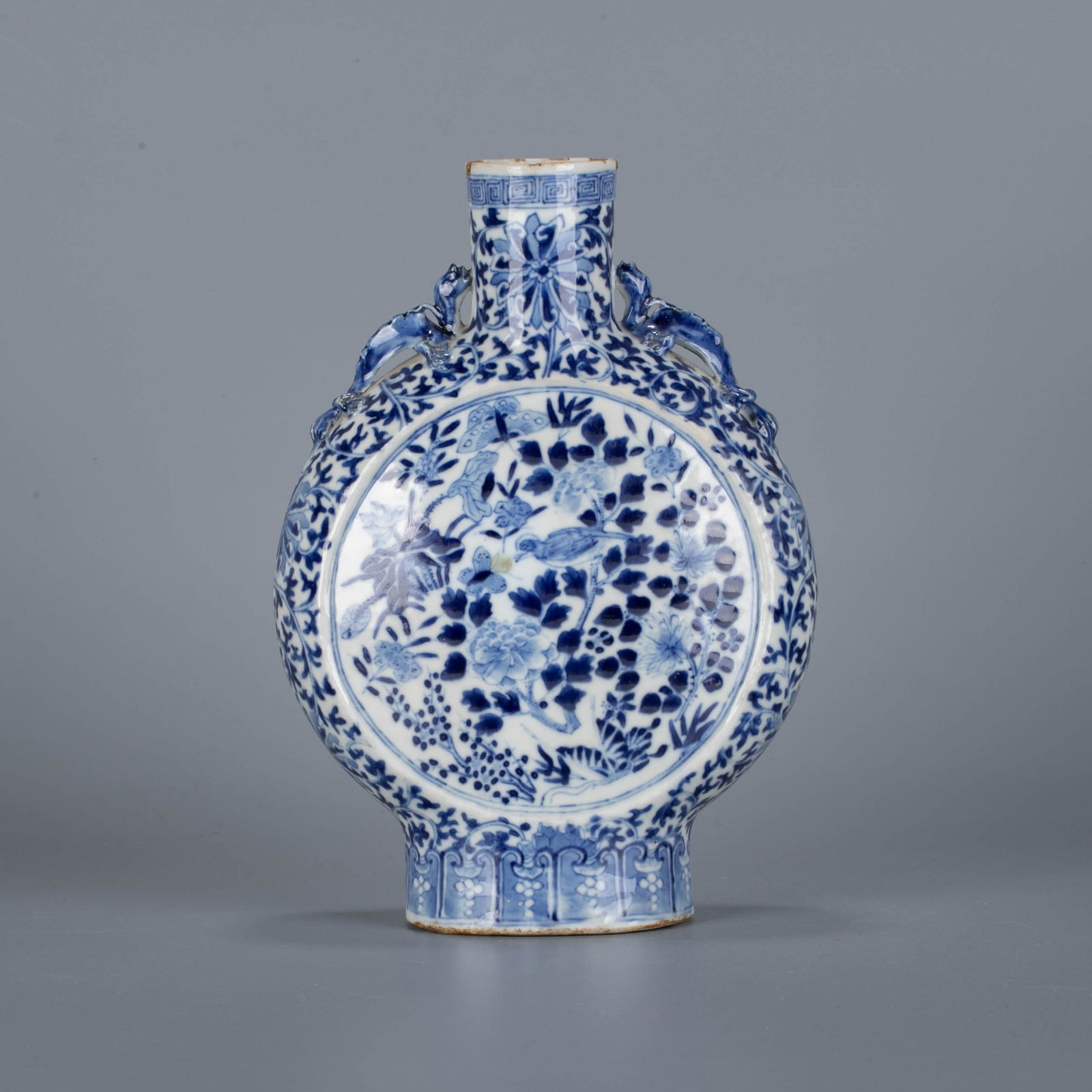 Mid-Qing Dynasty, blue and white with black inscription and double dragon ears, moon vase (1 of 7)