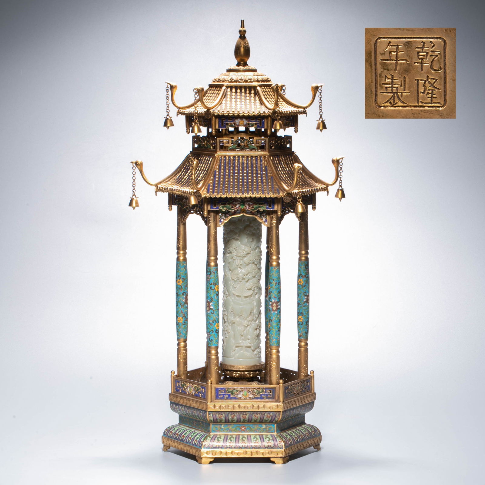Gilt Cloisonné Enamel Palace Lantern with White Jade Inlays, Qing Dynasty: This lantern is an imperial palace lantern made by the Qing Dynasty. it has an archaistic pavilion shape and an exquisite structure. the lamp holder is made of copper-bodied filigree enamel