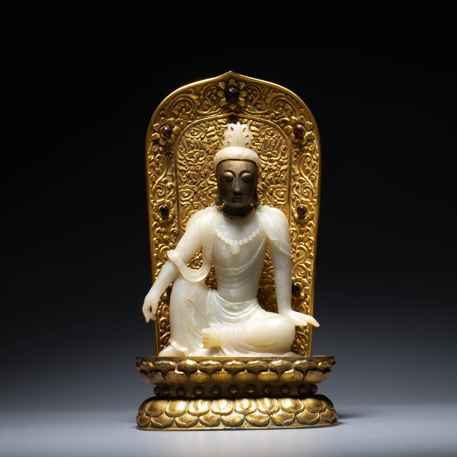 Ming Dynasty Jade Guanyin Statue with Gilt Bronze Base: Ming Dynasty Jade Guanyin Statue with Gilt Bronze Base