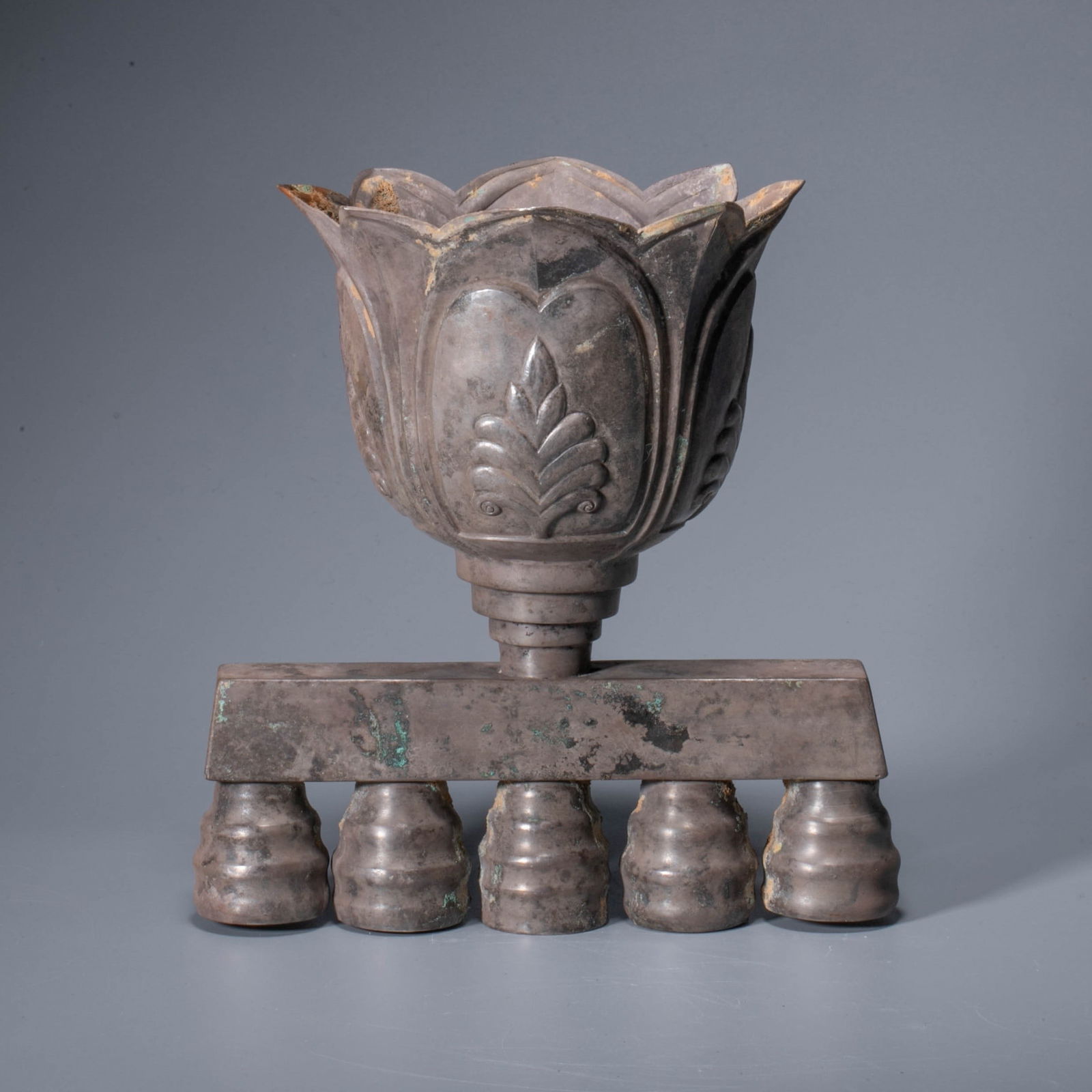 A silver lotus-form offering vessel, Han dynasty: A silver lotus-form offering vessel, Han dynasty