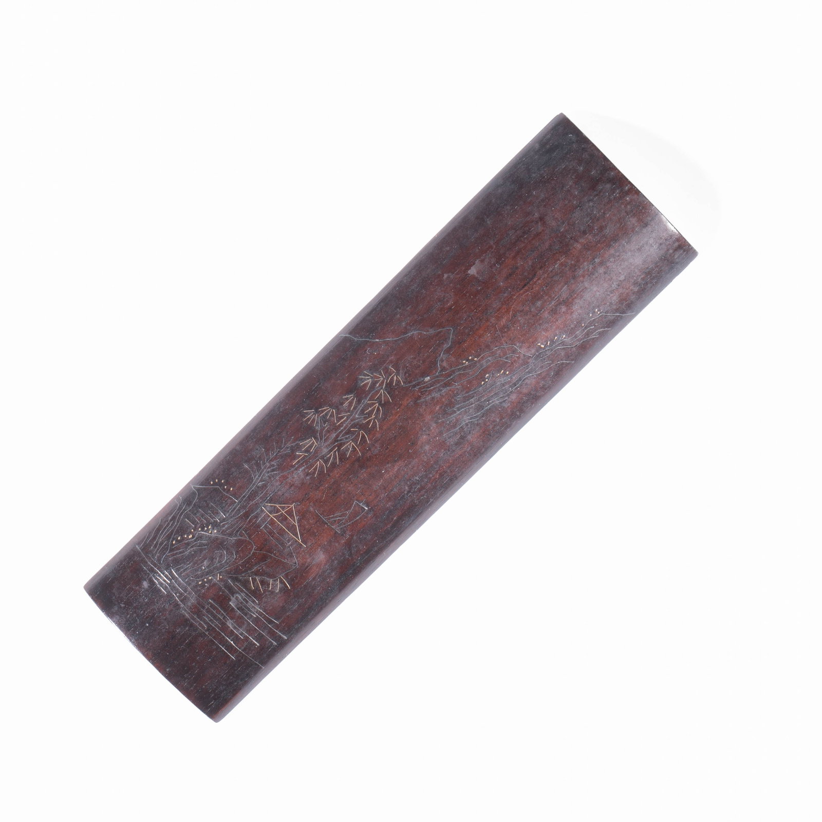 Qing Dynasty A red sandalwood arm rest with silver filament and landscape pattern: Qing Dynasty A red sandalwood arm rest with silver filament and landscape pattern
