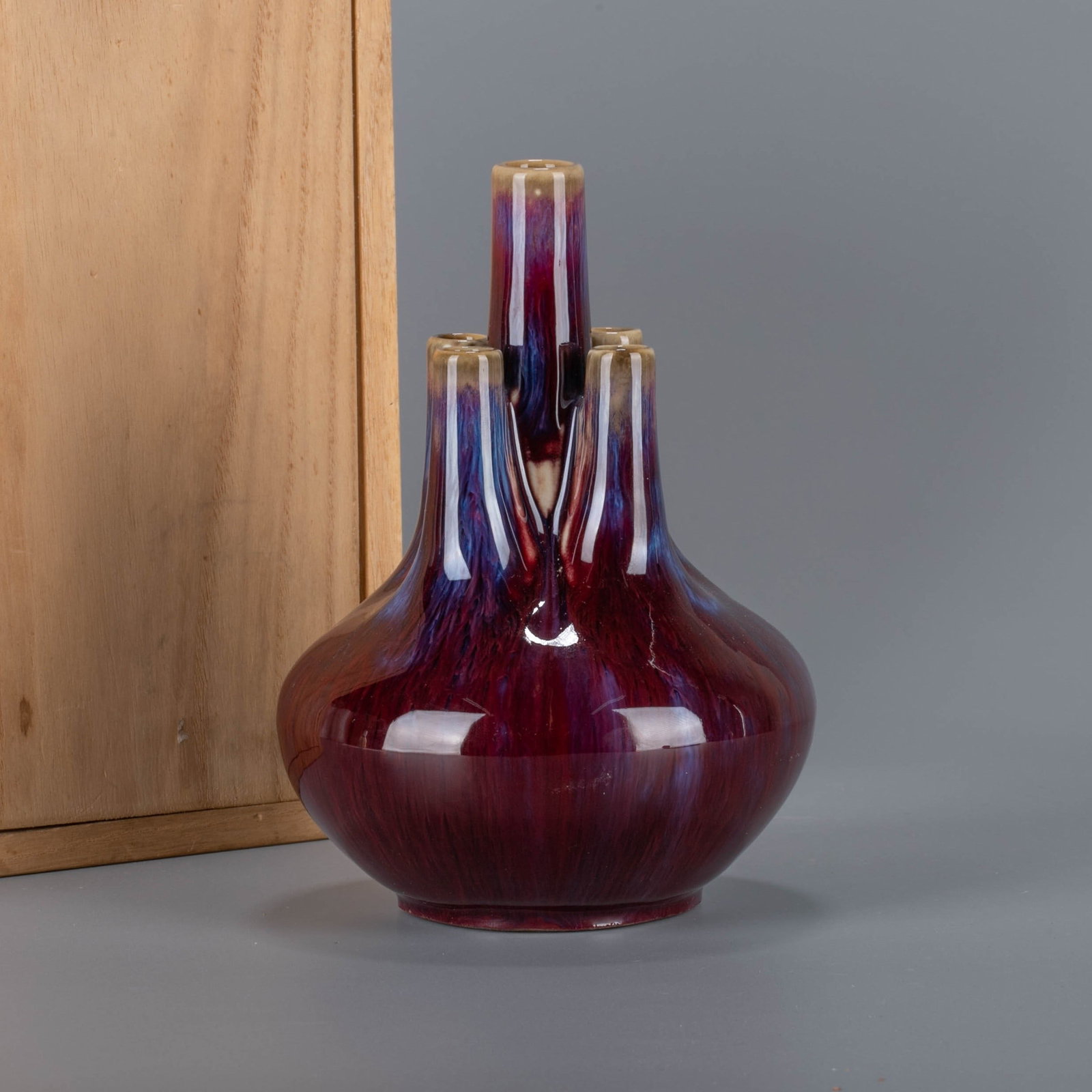 Qianlong period of Qing Dynasty, cinnabar kiln turned into five-tube vase (1 of 6)