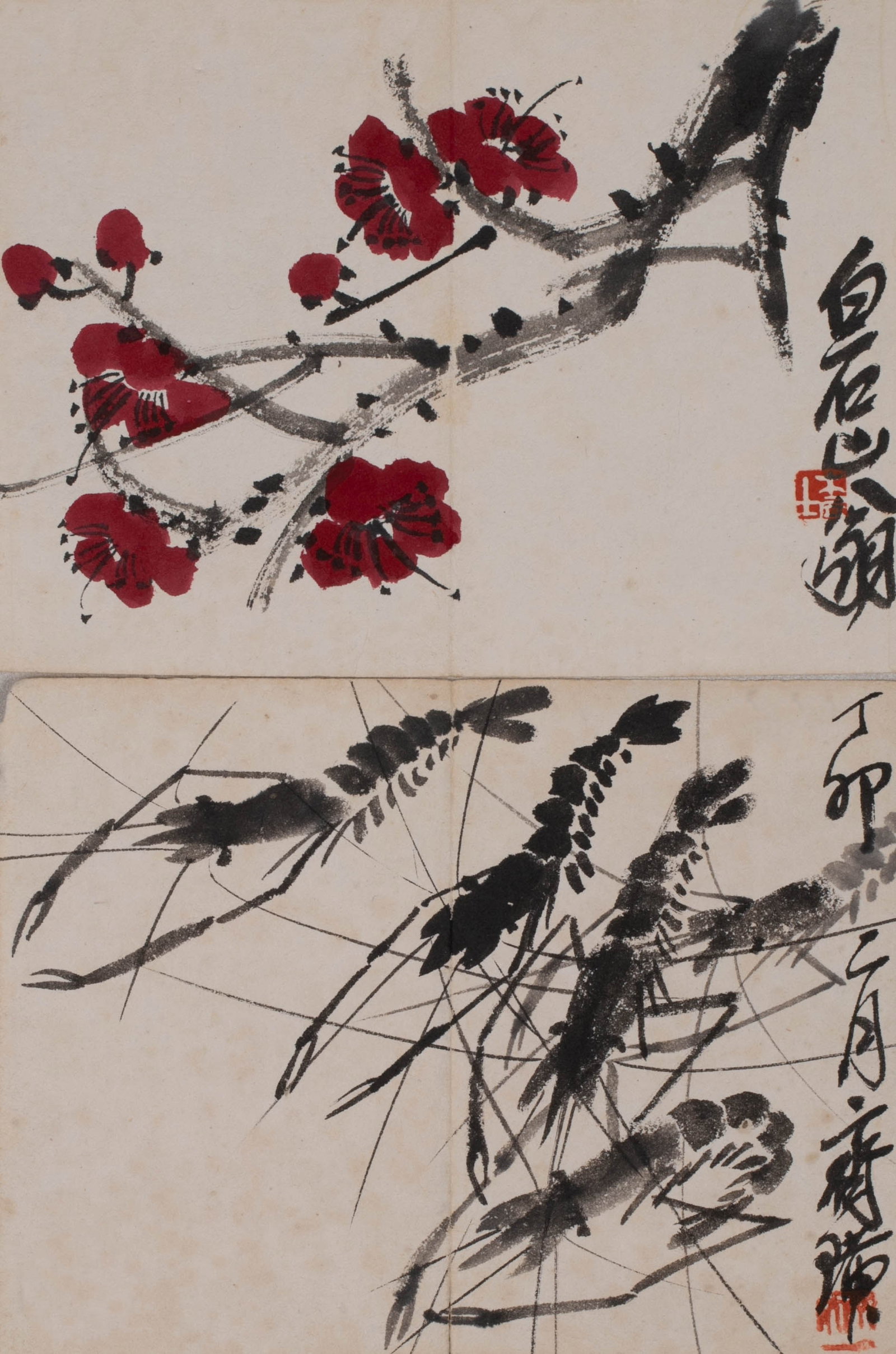 Qi Baishi, two paintings of plum blossoms and shrimps (1 of 5)