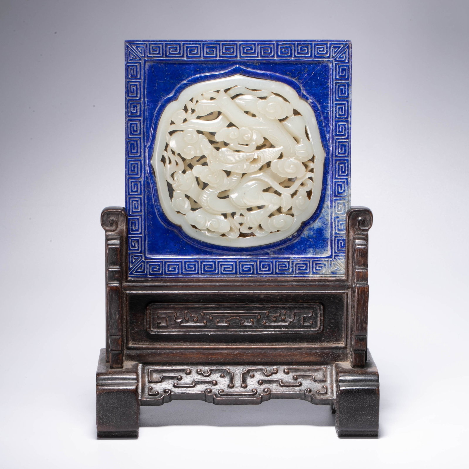 Yuan white jade inkstone screen with rosewood base (1 of 5)