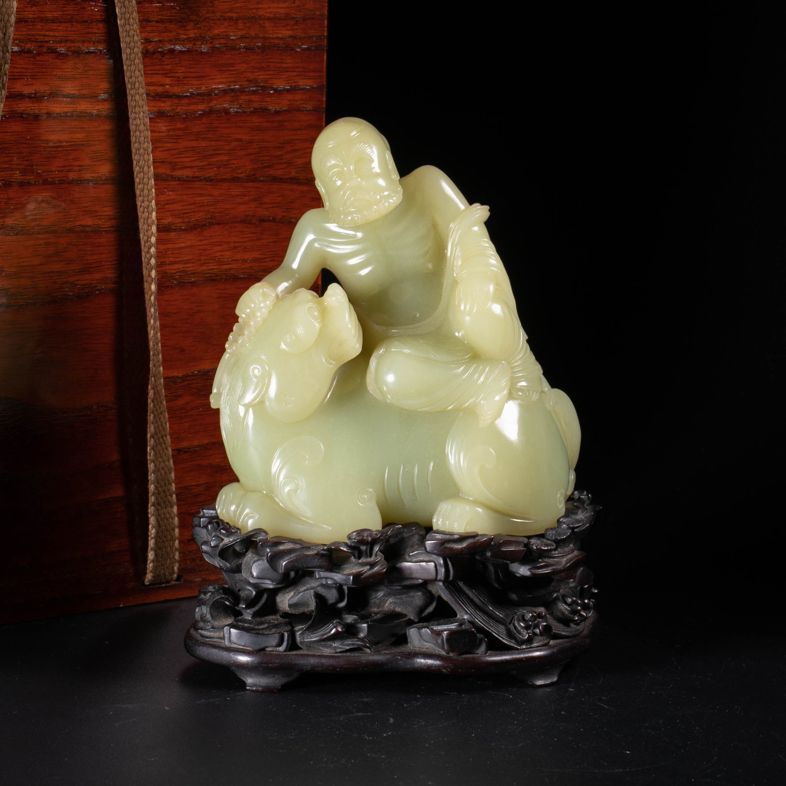 Qianlong Period, Qing Dynasty, Topaz Carved Arhat Ornament and Rosewood Original Seat: Qianlong Period, Qing Dynasty, Topaz Carved Arhat Ornament and Rosewood Original Seat