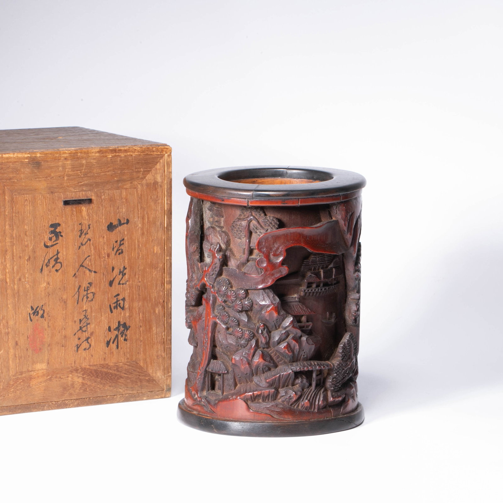 Qing Dynasty Bamboo Carved Landscape, Pavilion and Figure Pattern Pen Holder: Qing Dynasty Bamboo Carved Landscape, Pavilion and Figure Pattern Pen Holder