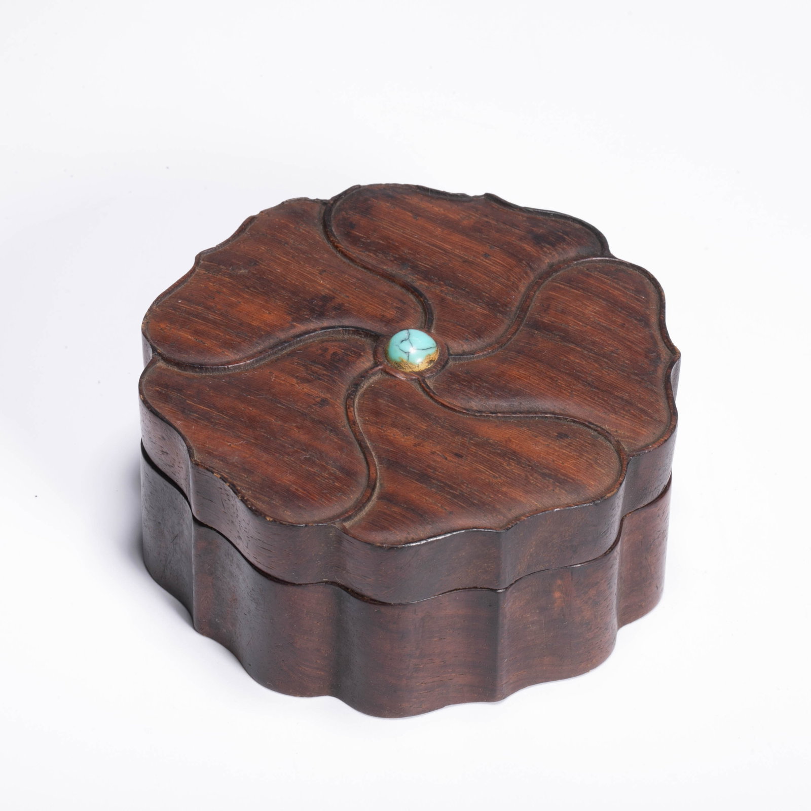 Qing Dynasty Huanghuali inlaid turquoise sunflower-shaped lid box: Qing Dynasty Huanghuali inlaid turquoise sunflower-shaped lid box