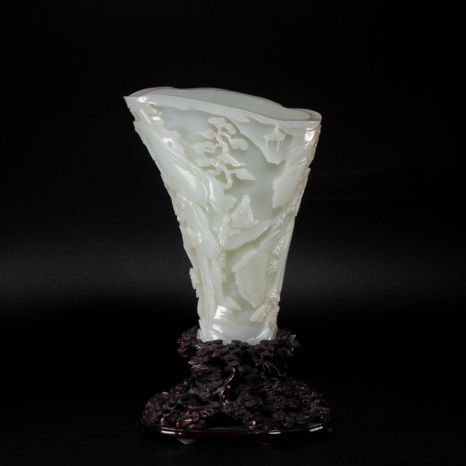 Qianlong Period, Qing Dynasty, White Jade Cup-shaped Pen Holder: This exquisite white jade brush pot is a superb example of Qing dynasty imperial-style jade carving, dating to the Qianlong period (1736?C1795). Carved from a single block of fine Hetian white jade,