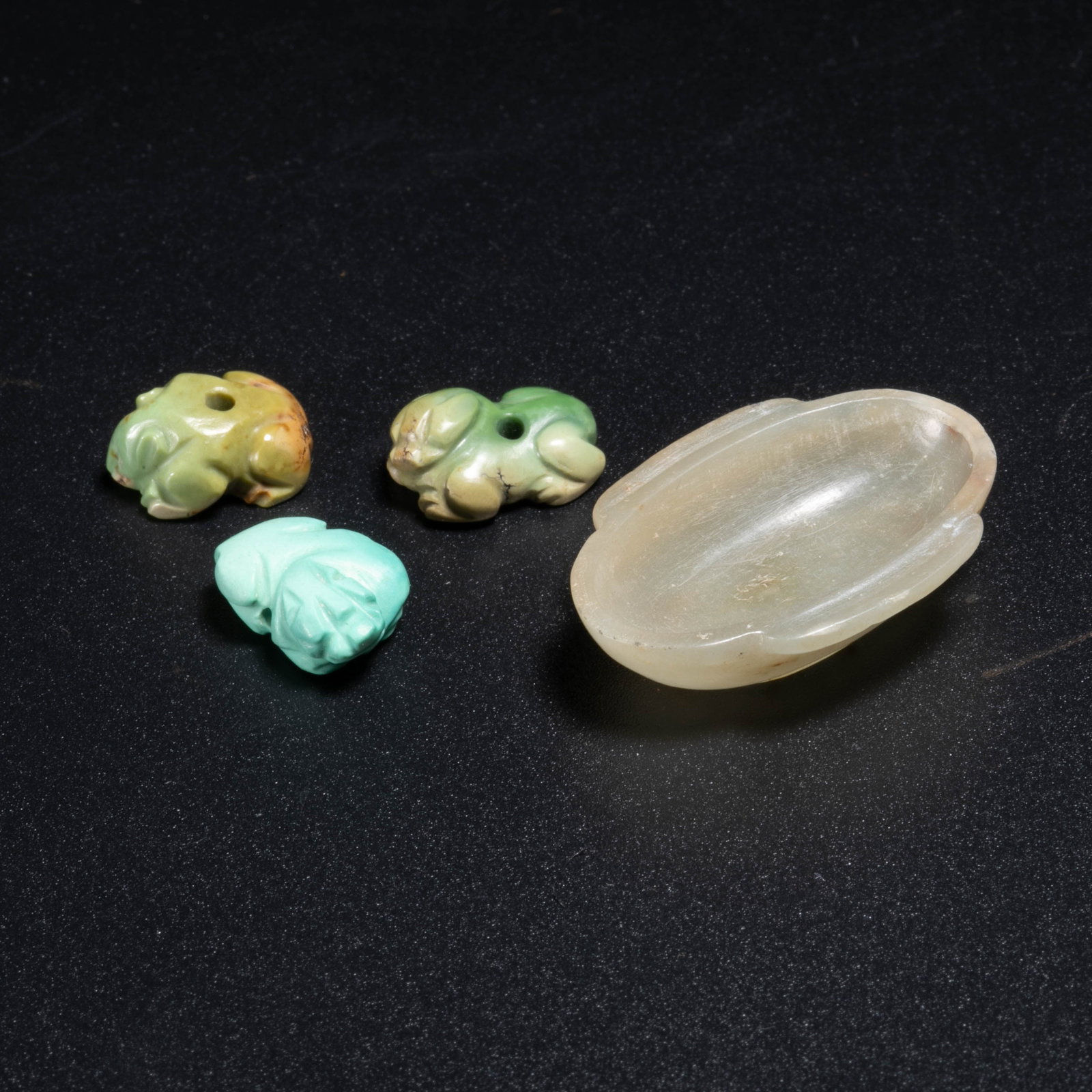 Han Dynasty Miniature Carved Turquoise Animals and Jade Ear Cup Set: Han Dynasty Miniature Carved Turquoise Animals and Jade Ear Cup Set