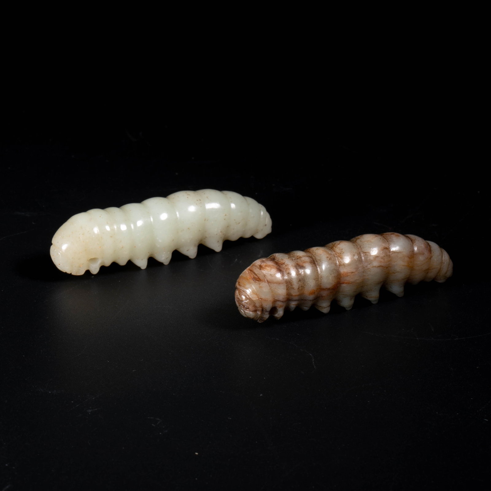 Qing Dynasty A pair of white jade silkworms: Qing Dynasty A pair of white jade silkworms