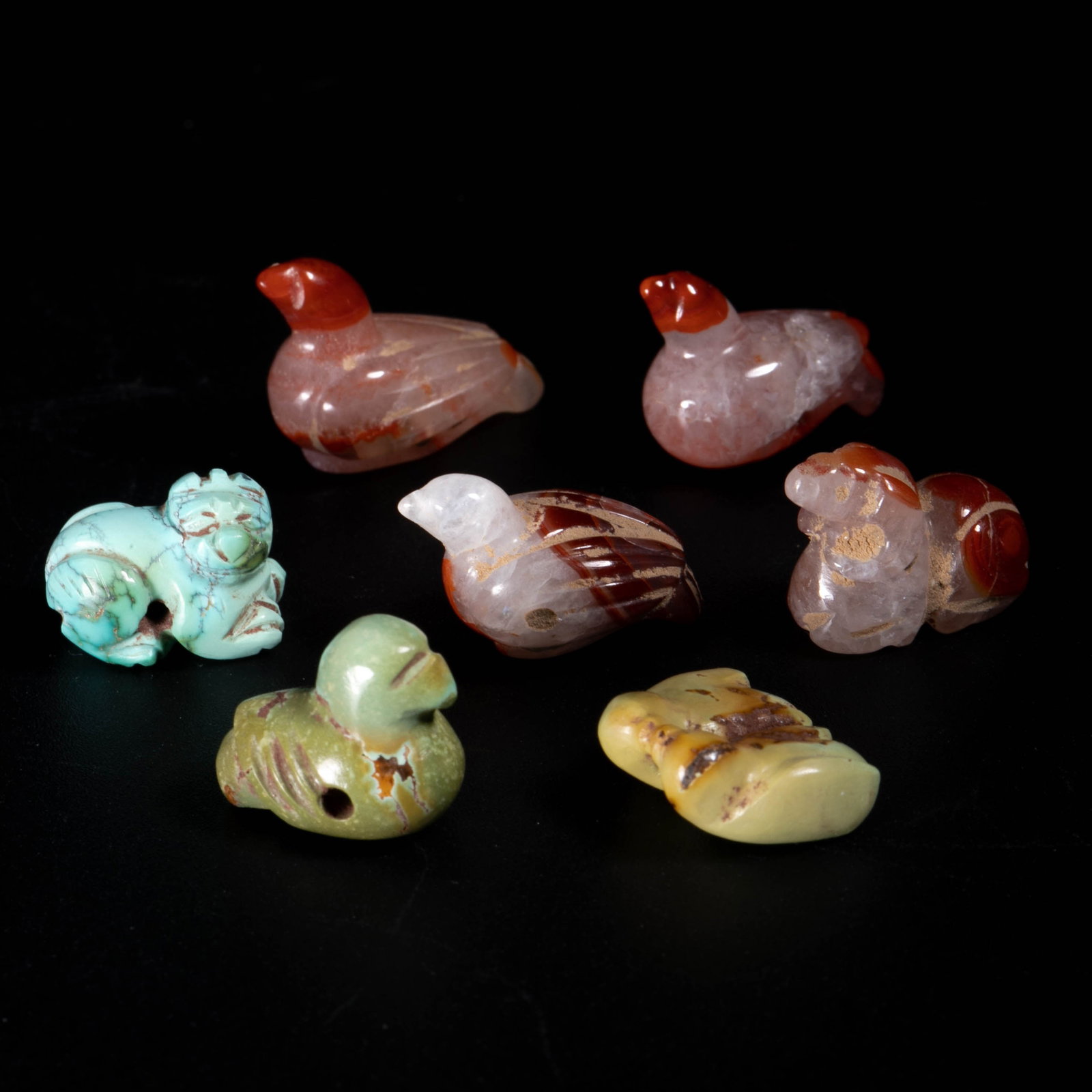 A set of Chinese turquoise and red agate animals: A set of Chinese turquoise and red agate animals