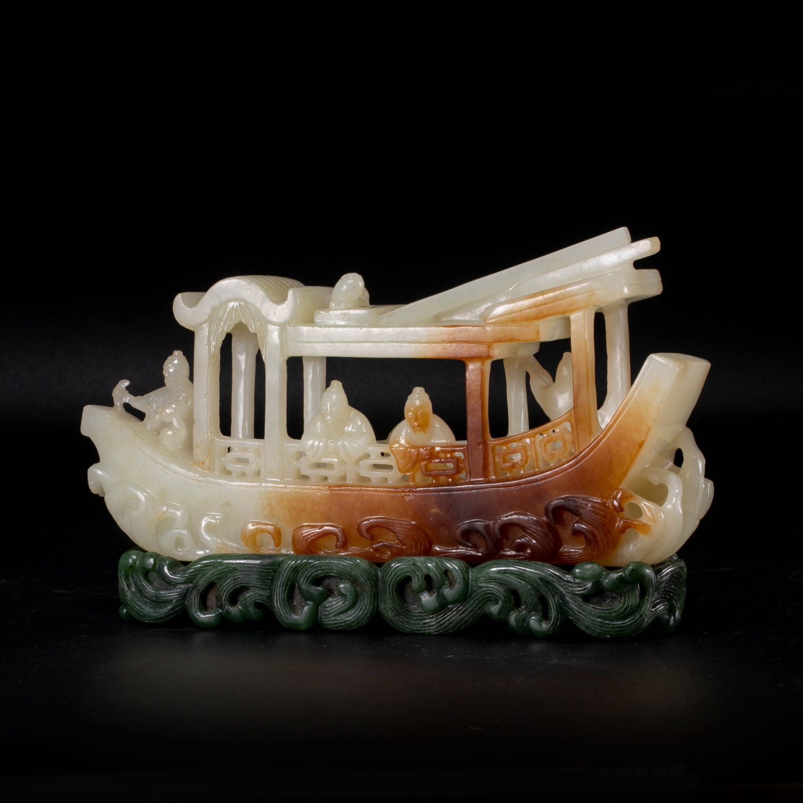 Qing Dynasty A beautifully carved white jade boat with jasper seats: Qing Dynasty A beautifully carved white jade boat with jasper seats