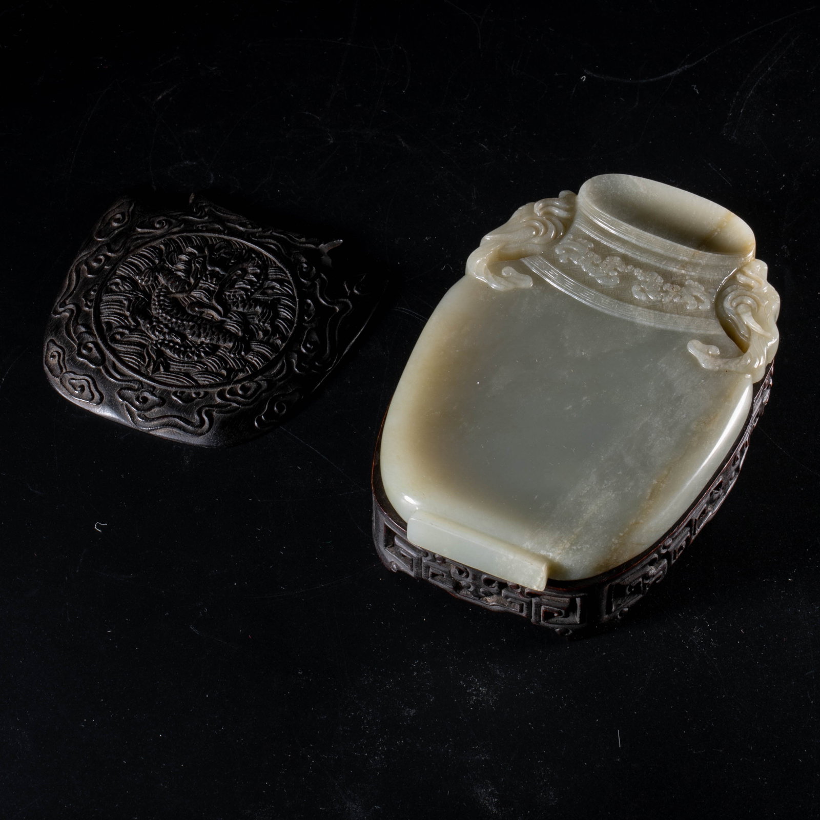 Qing Dynasty Hetian Jade Taiping with Elephant Inkstone and Rosewood Seat (1 of 8)