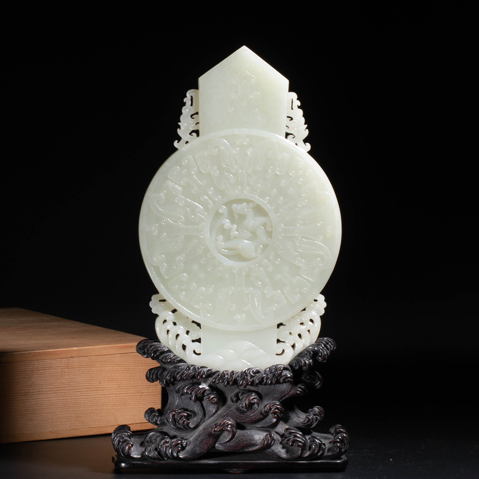 Qianlong Emperor Qing Dynasty, Imperial Hotan White Jade Carved Dragon Pattern Jade: Imperial poem engraved on the back, red sandalwood original seat