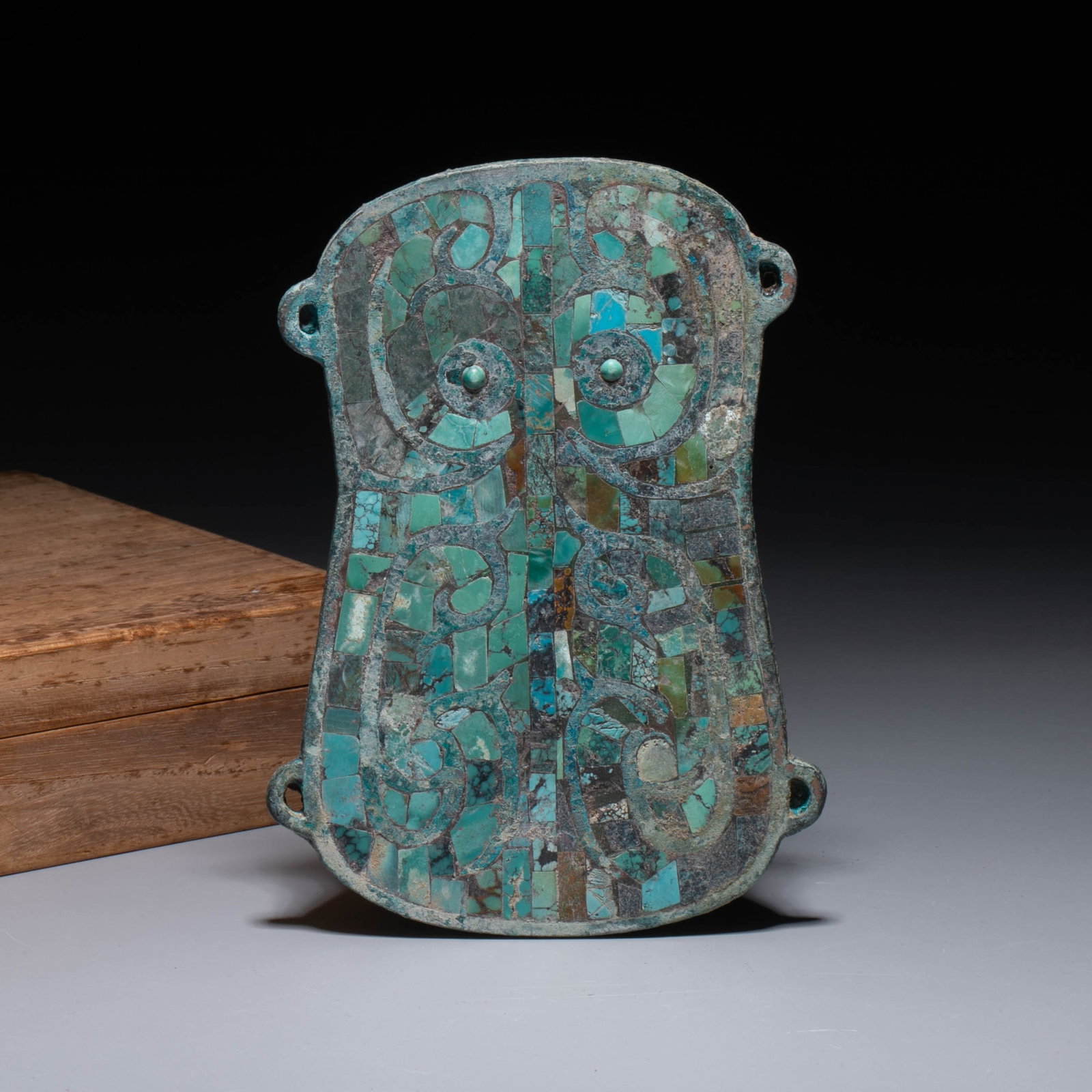 Bronze inlaid turquoise animal mask plaque (1 of 9)