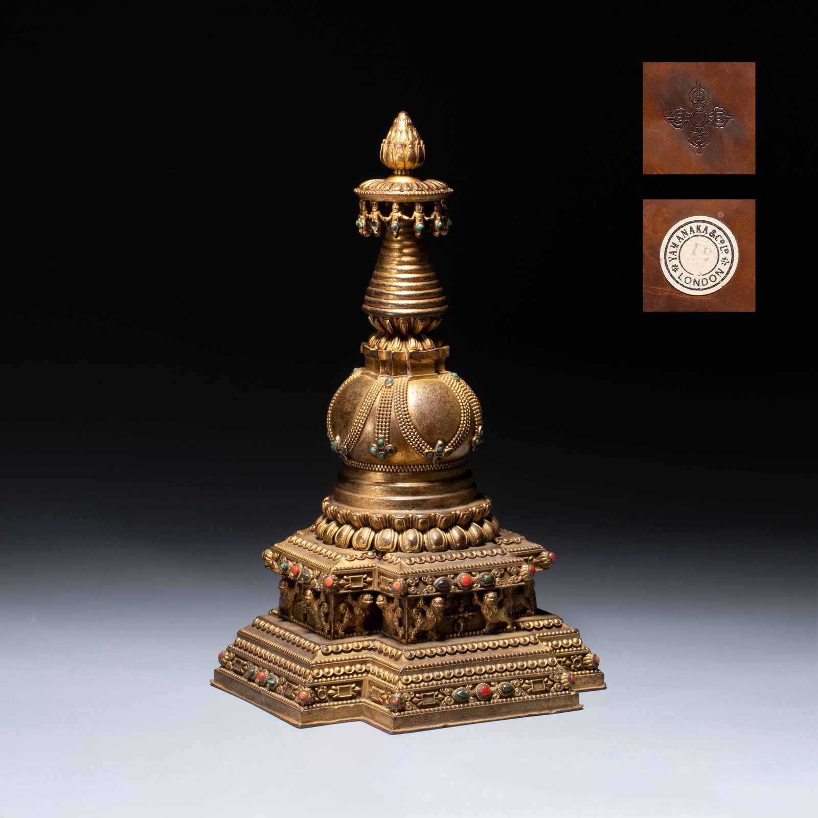 Qianlong Period, Qing Dynasty, gilt bronze inlaid pagoda: Attached are the information of the Shanzhong Chamber of Commerce and old collection stamps.Source: Yamanaka Chamber of Commerce London Branch No.51Yamanaka Chamber of Commerce Kyoto branch released