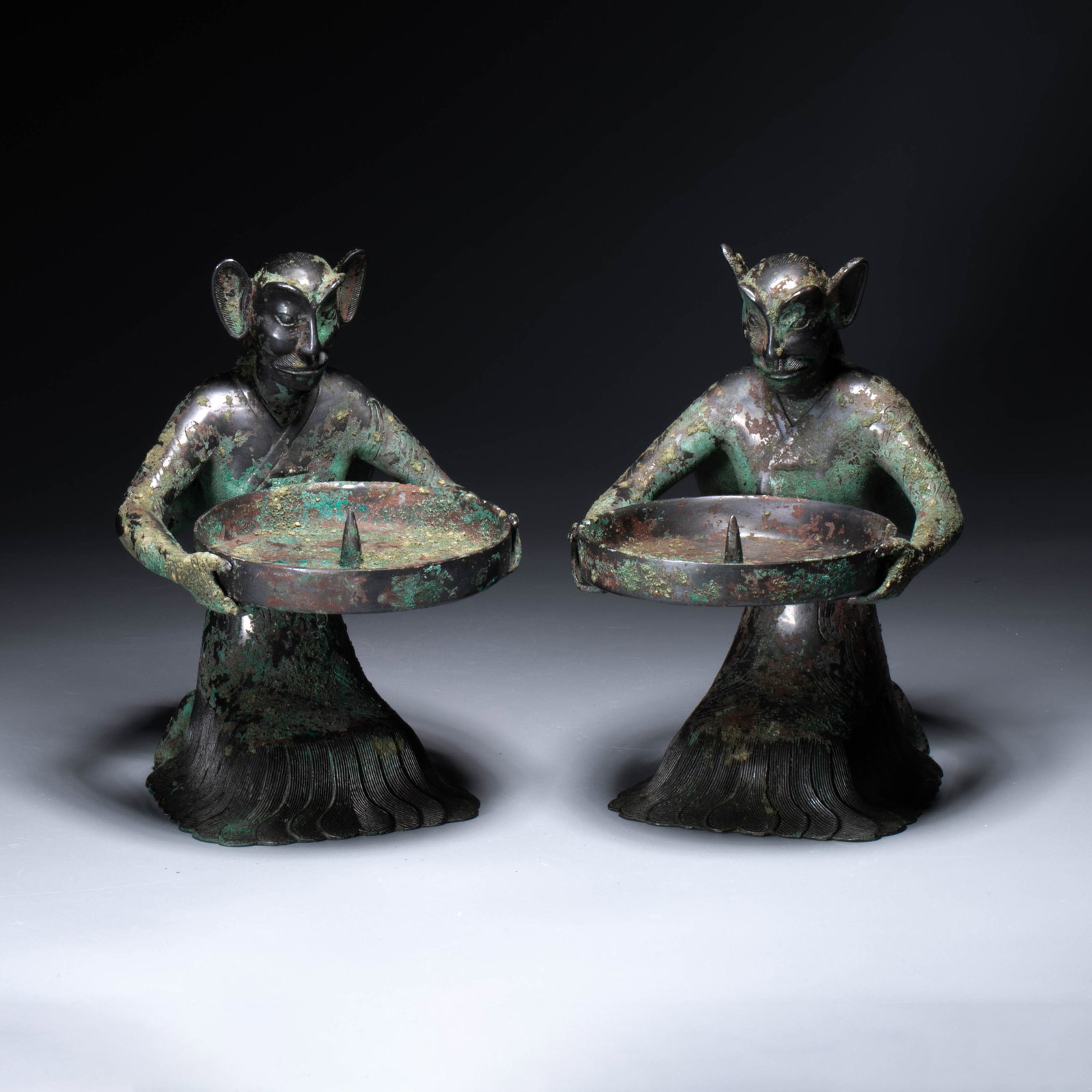 Han Bronze Feathered Figure Holding a Lamp: Han Bronze Feathered Figure Holding a Lamp